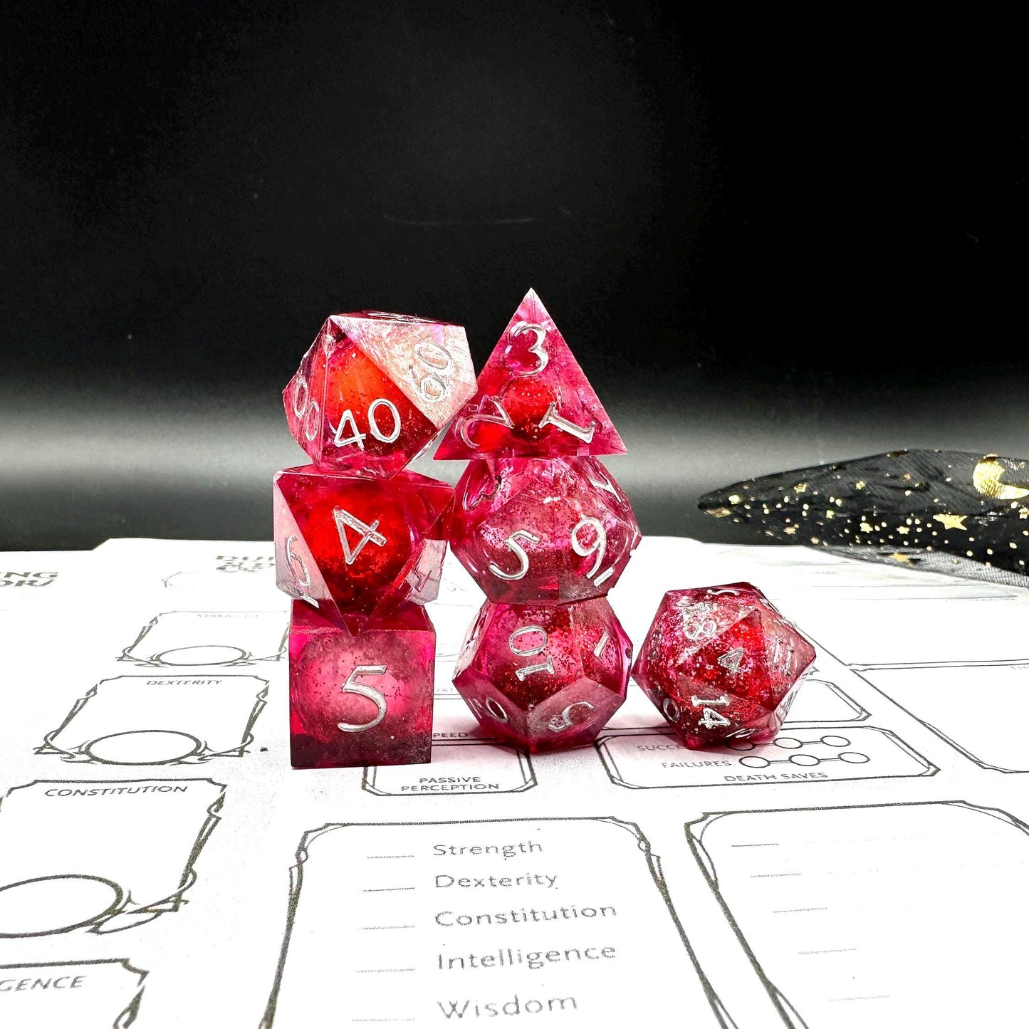 Red Glitter Liquid Core Dice Set: Sharp Edge Polyhedral DnD Dice
