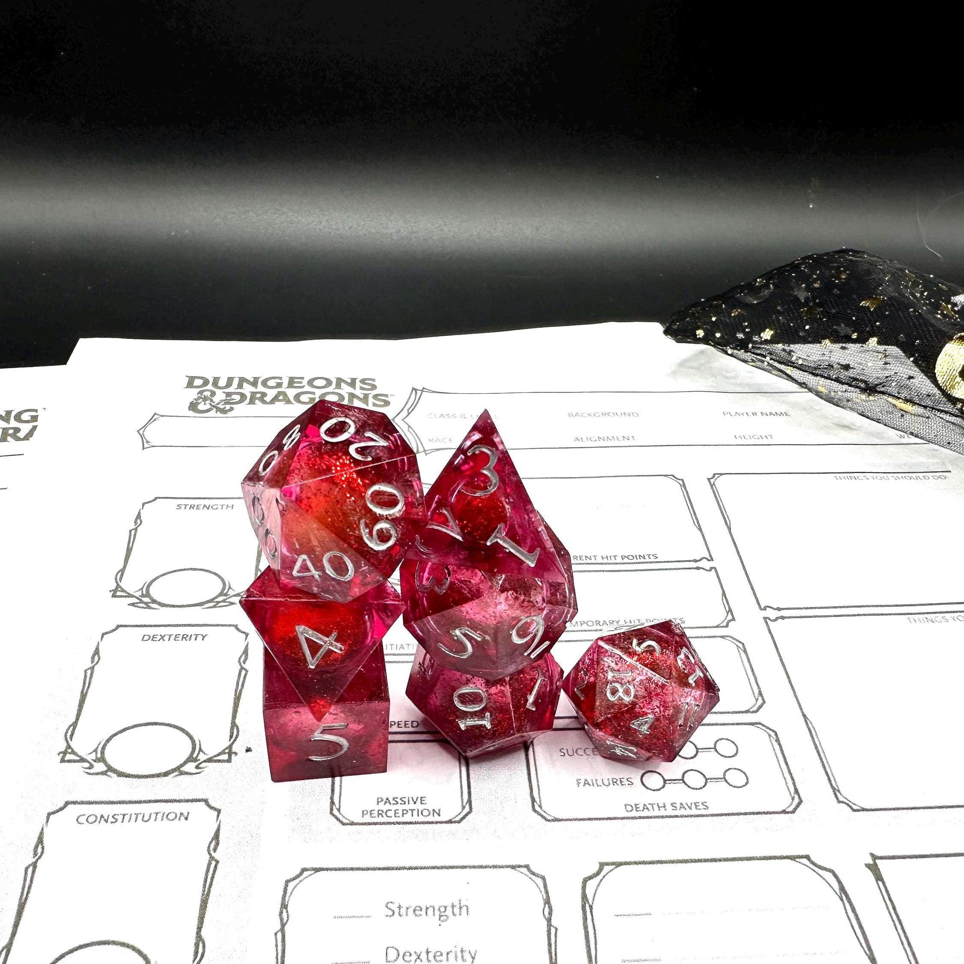 Red Glitter Liquid Core Dice Set: Sharp Edge Polyhedral DnD Dice