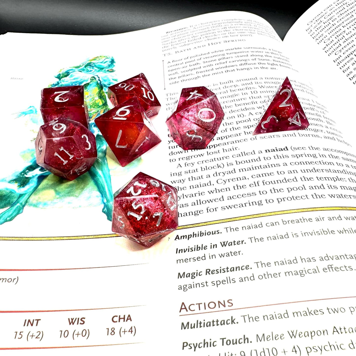 Red Glitter Liquid Core Dice Set: Sharp Edge Polyhedral DnD Dice