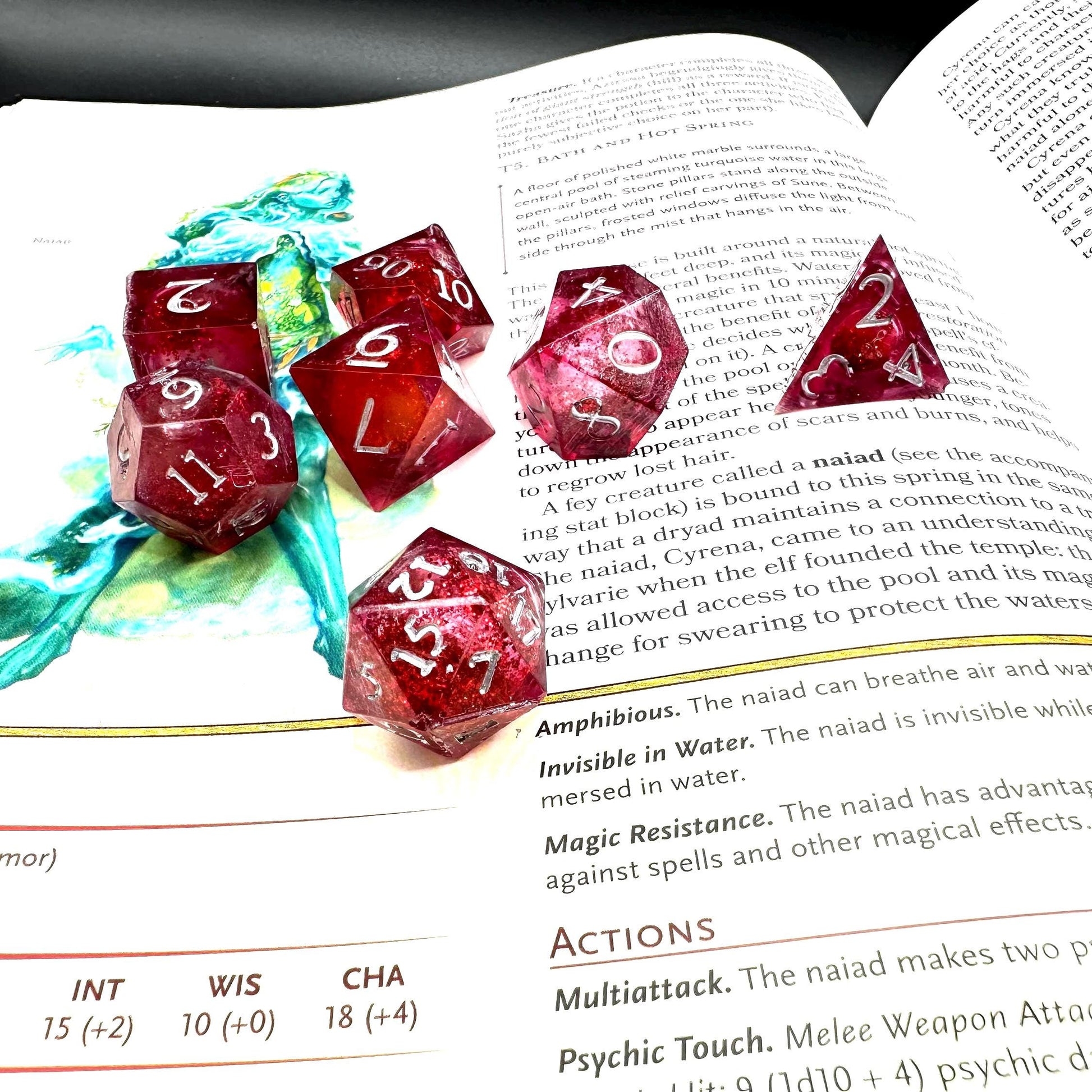 Red Glitter Liquid Core Dice Set: Sharp Edge Polyhedral DnD Dice