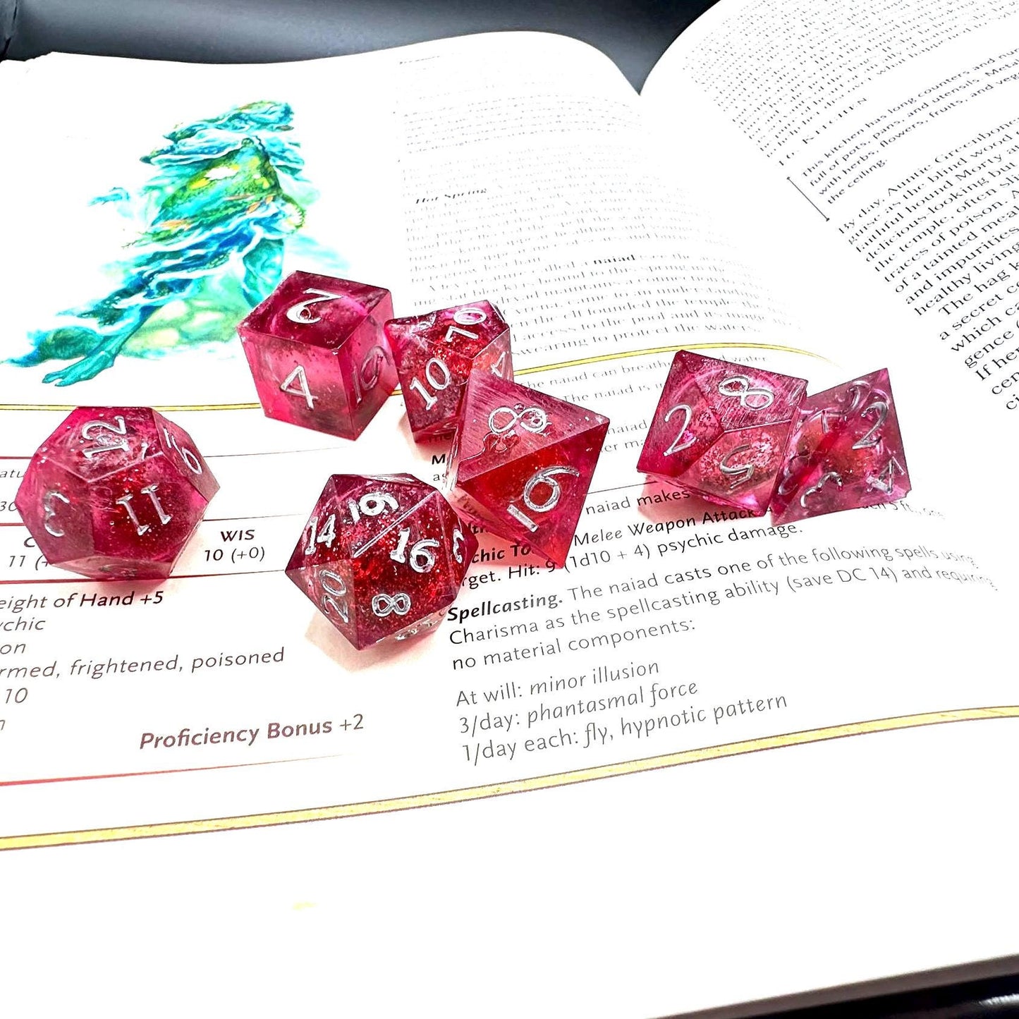 Red Glitter Liquid Core Dice Set: Sharp Edge Polyhedral DnD Dice