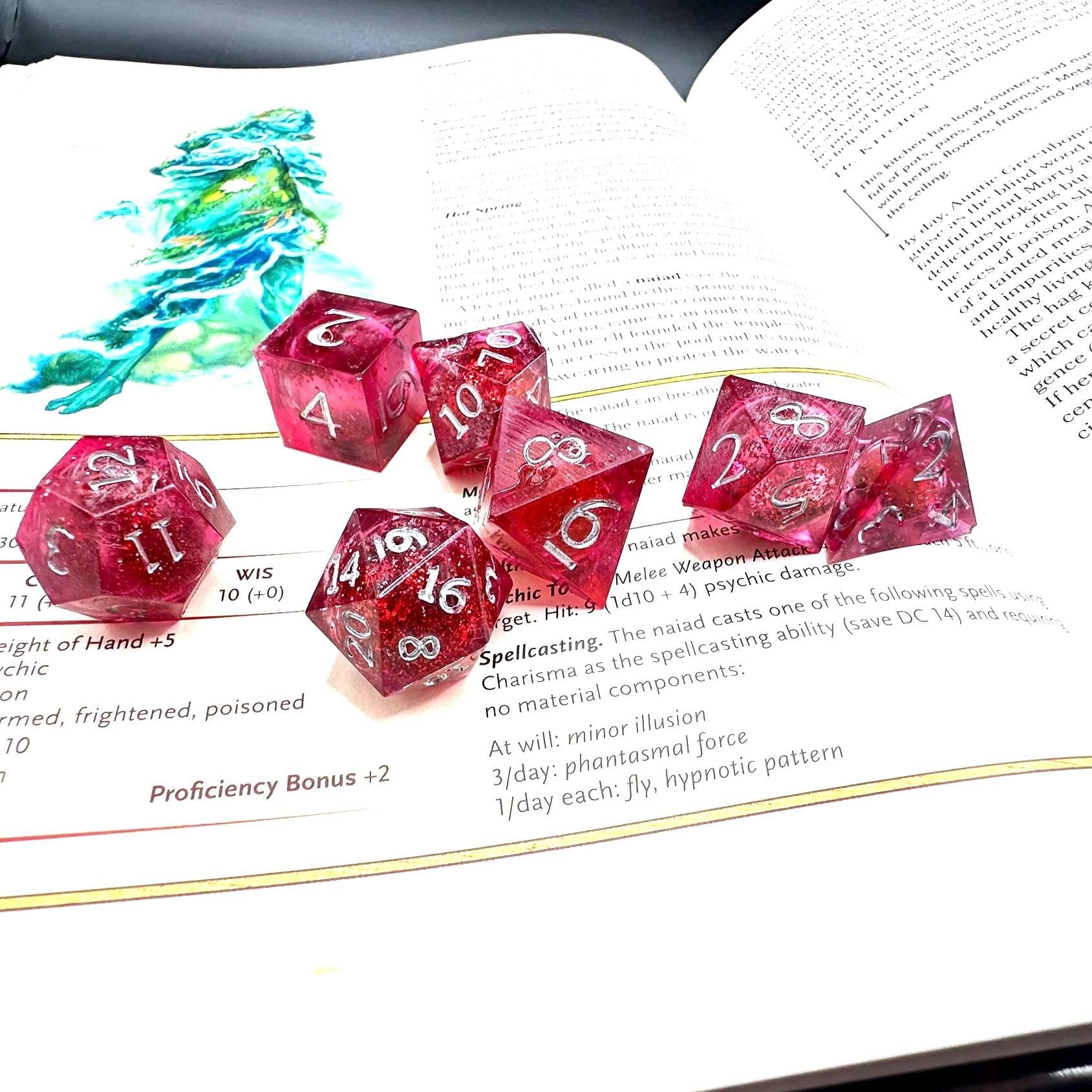 Red Glitter Liquid Core Dice Set: Sharp Edge Polyhedral DnD Dice