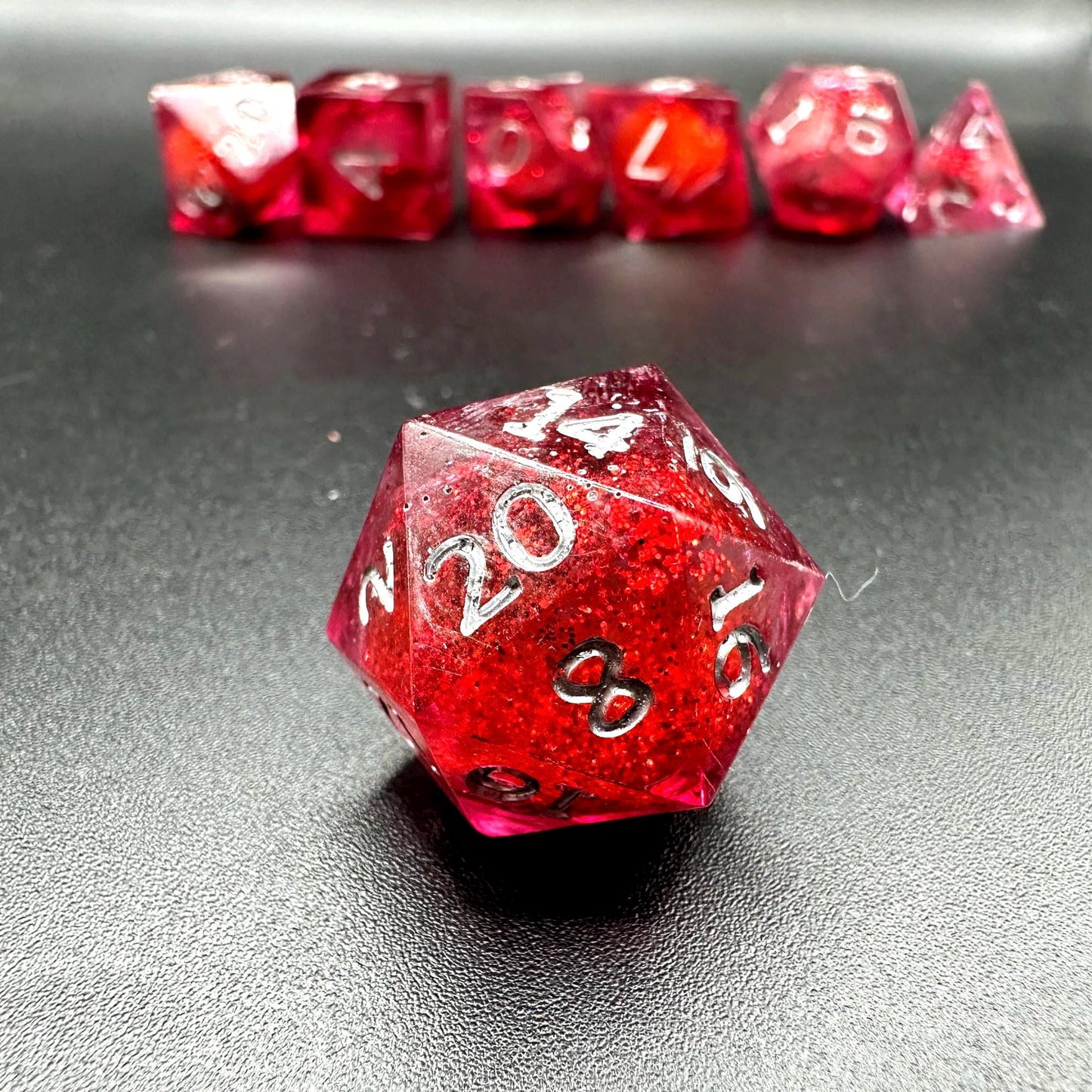 Red Glitter Liquid Core Dice Set: Sharp Edge Polyhedral DnD Dice