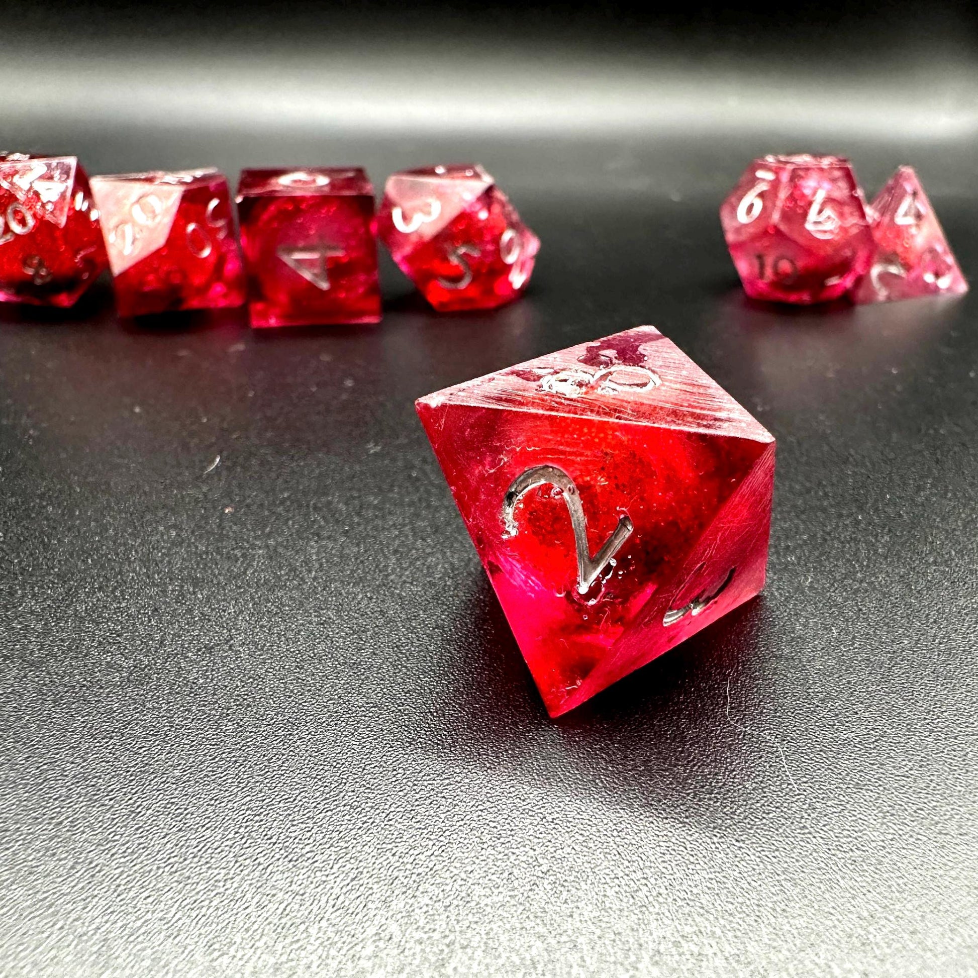 Red Glitter Liquid Core Dice Set: Sharp Edge Polyhedral DnD Dice