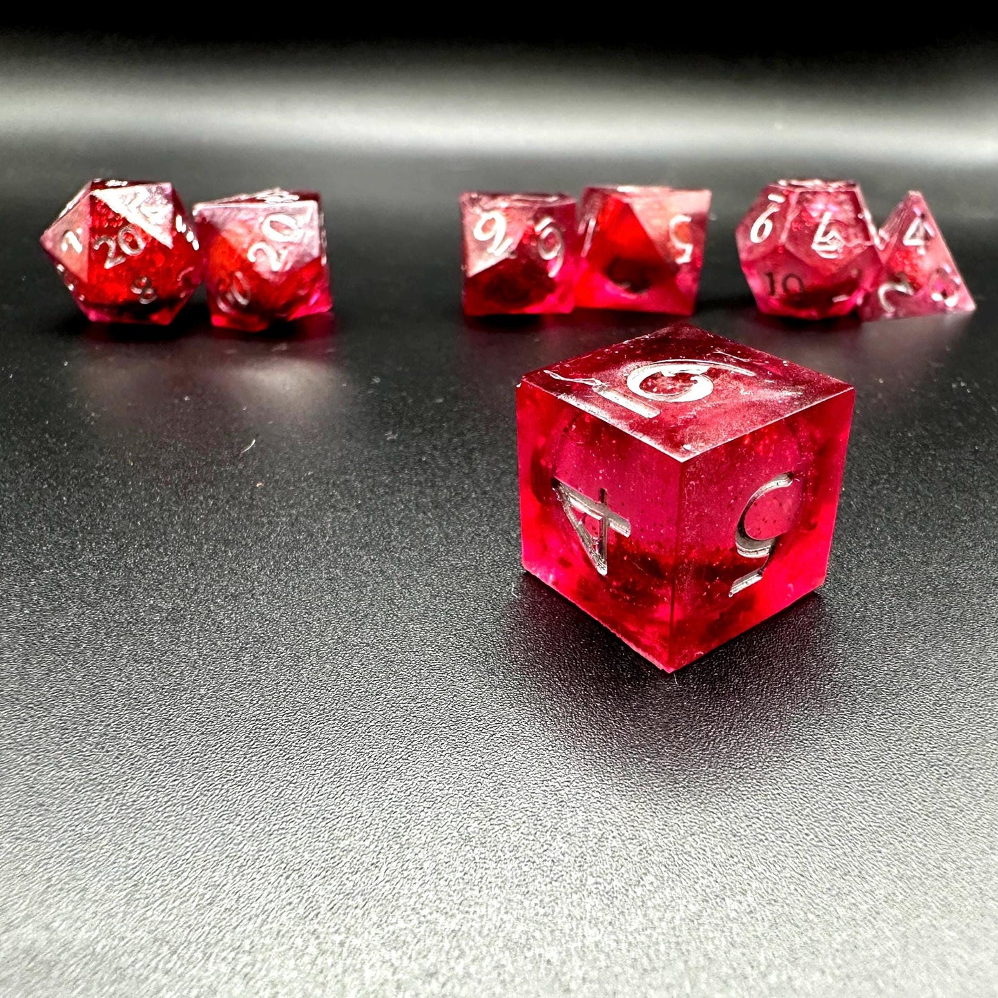 Red Glitter Liquid Core Dice Set: Sharp Edge Polyhedral DnD Dice
