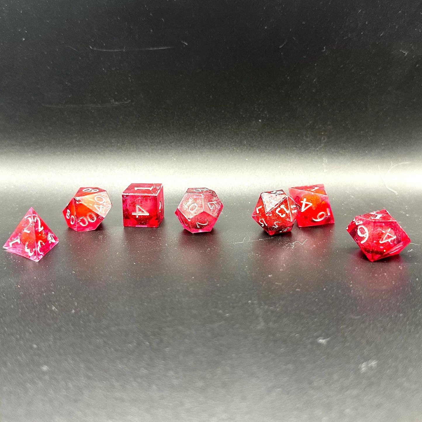 Red Glitter Liquid Core Dice Set: Sharp Edge Polyhedral DnD Dice