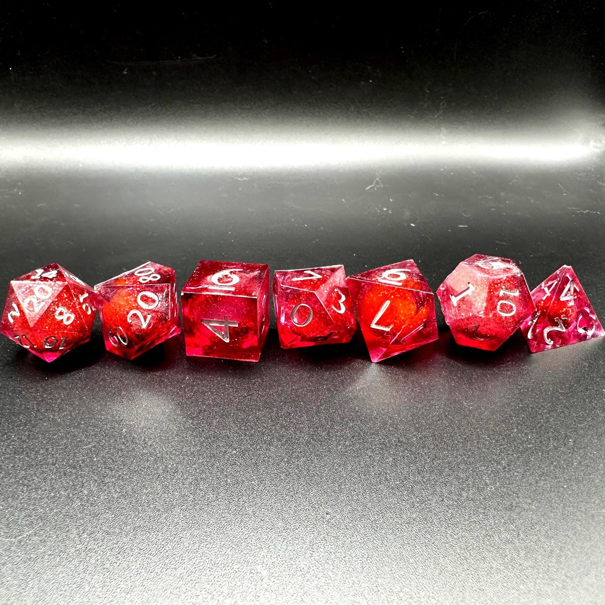 Red Glitter Liquid Core Dice Set: Sharp Edge Polyhedral DnD Dice