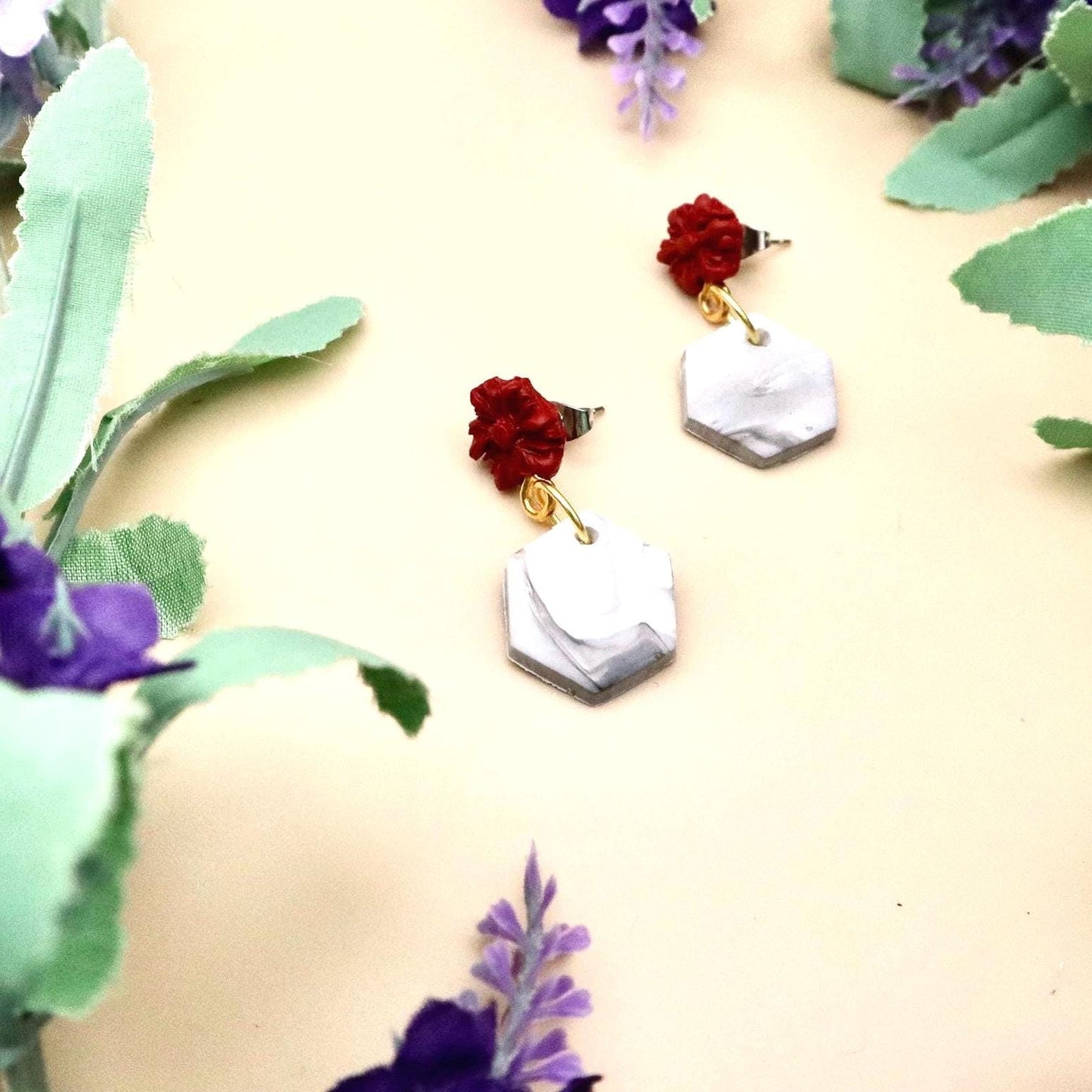 Red Rose and Marble Hexagon Dangle Earrings | Polymer Clay