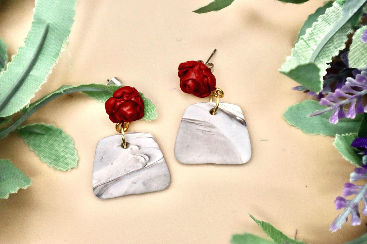 Red Rose and Marble Purse Dangle Earrings | Polymer Clay