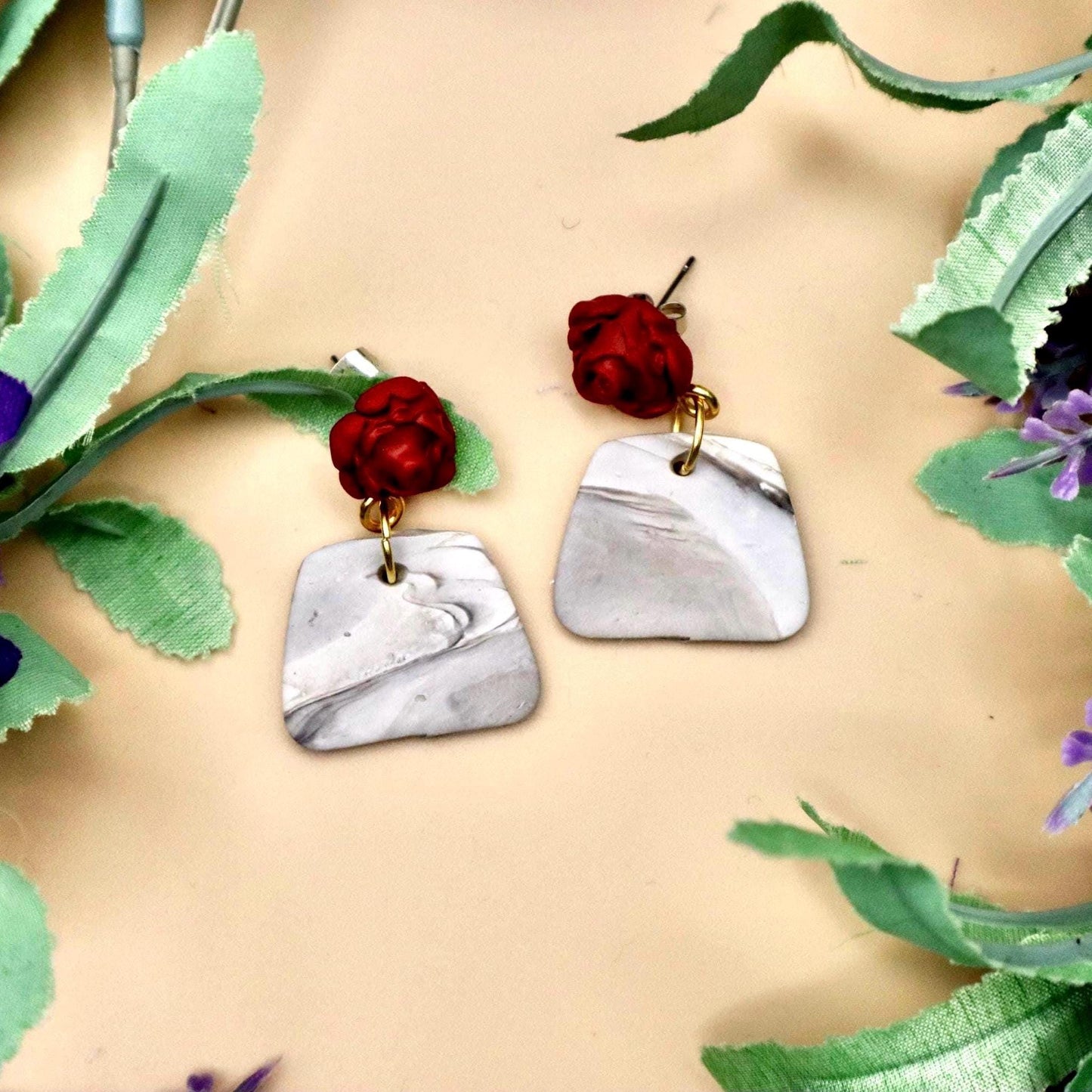 Red Rose and Marble Purse Dangle Earrings | Polymer Clay