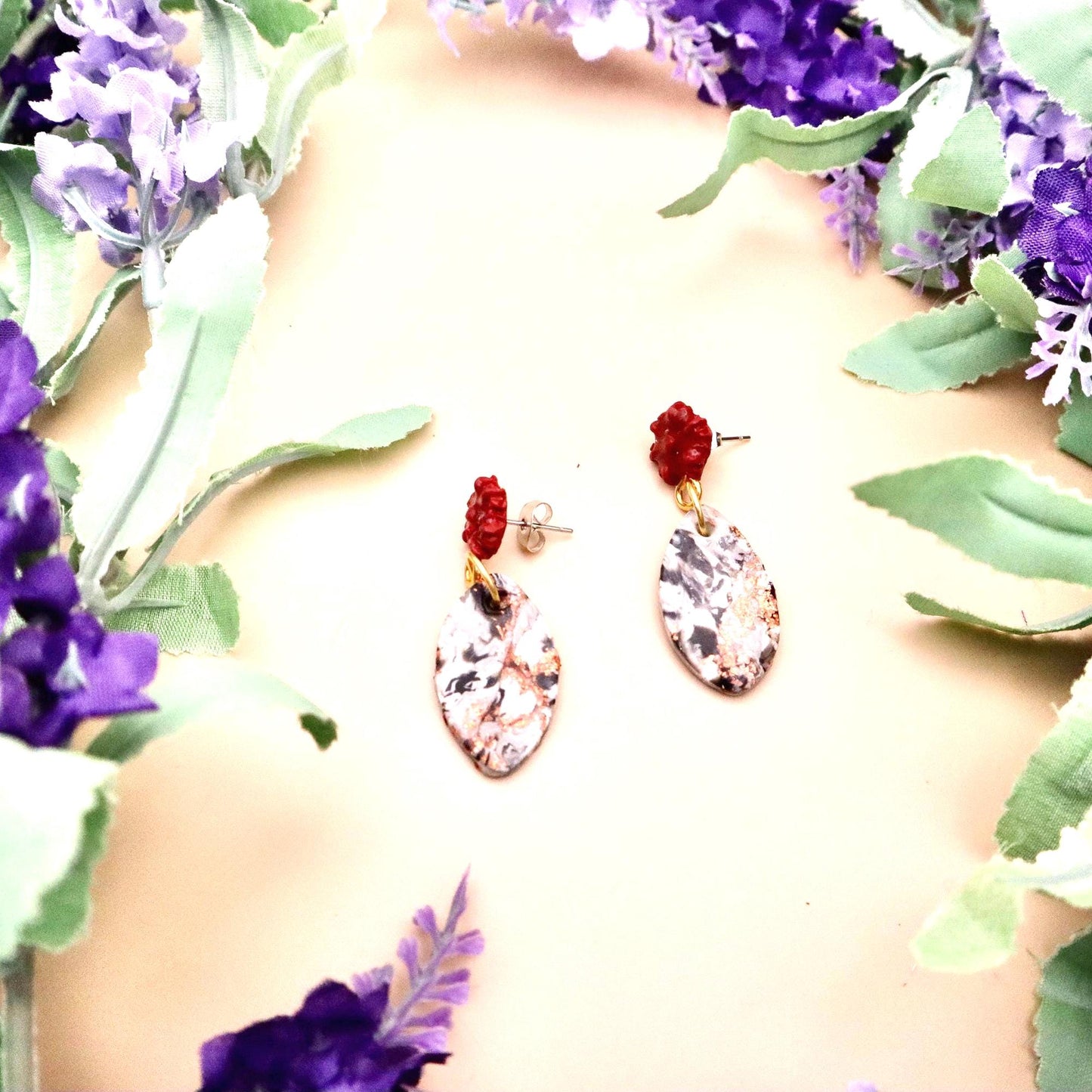 Red Rose and Rose Gold Marble Oval Dangle Earrings | Polymer Clay