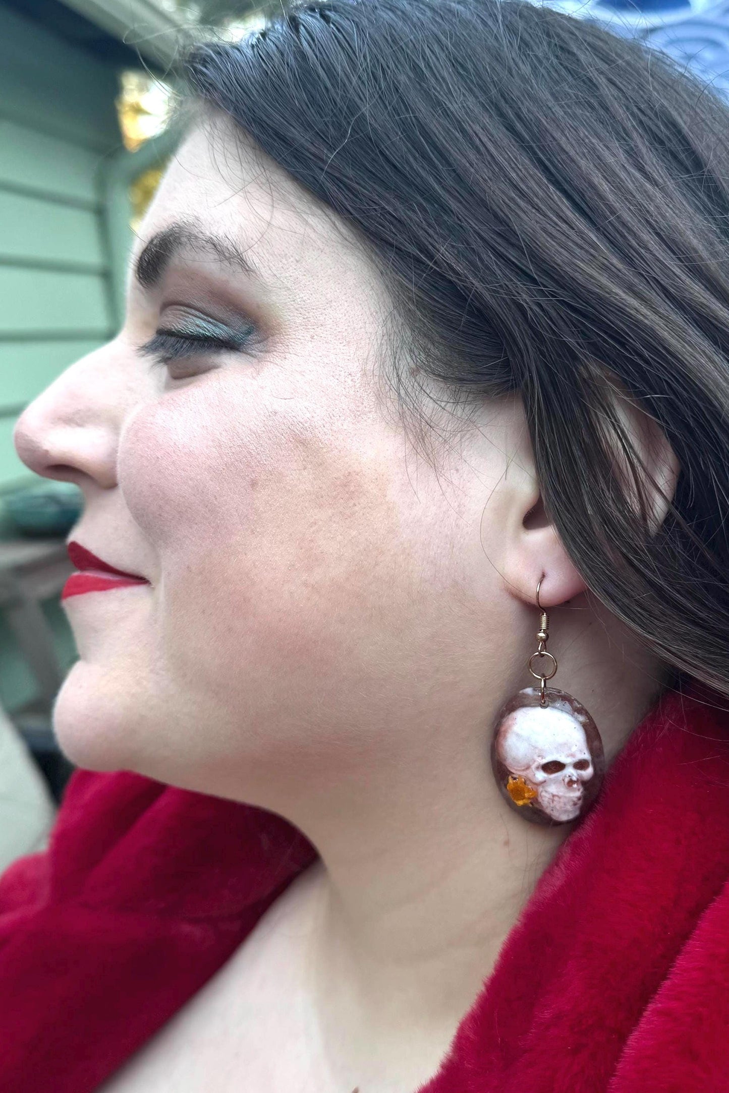 Floral Skull Dangle Earrings: Brass and Resin