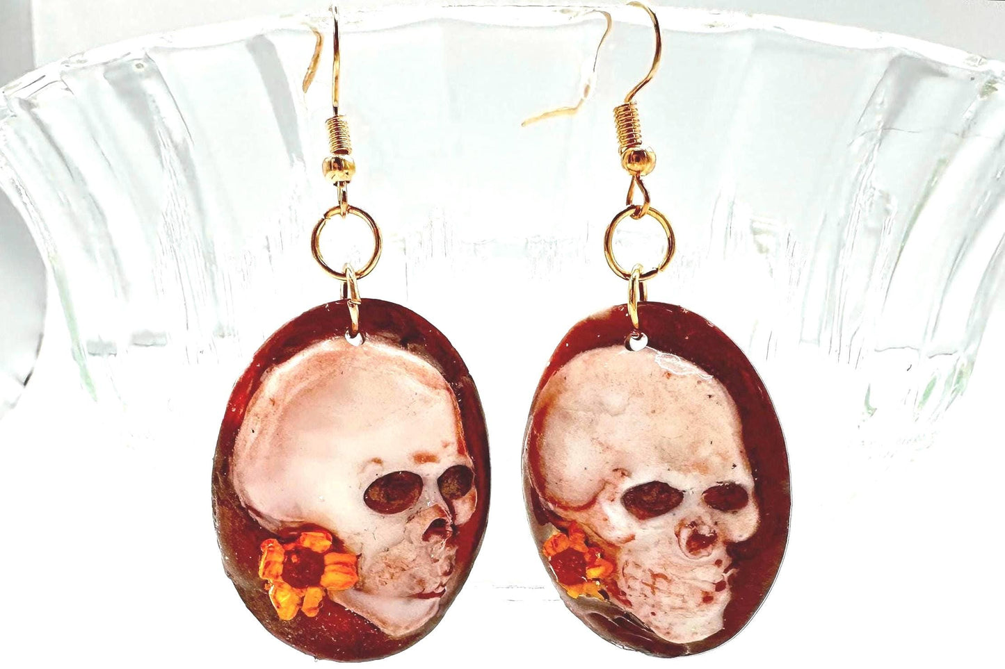 Floral Skull Dangle Earrings: Brass and Resin