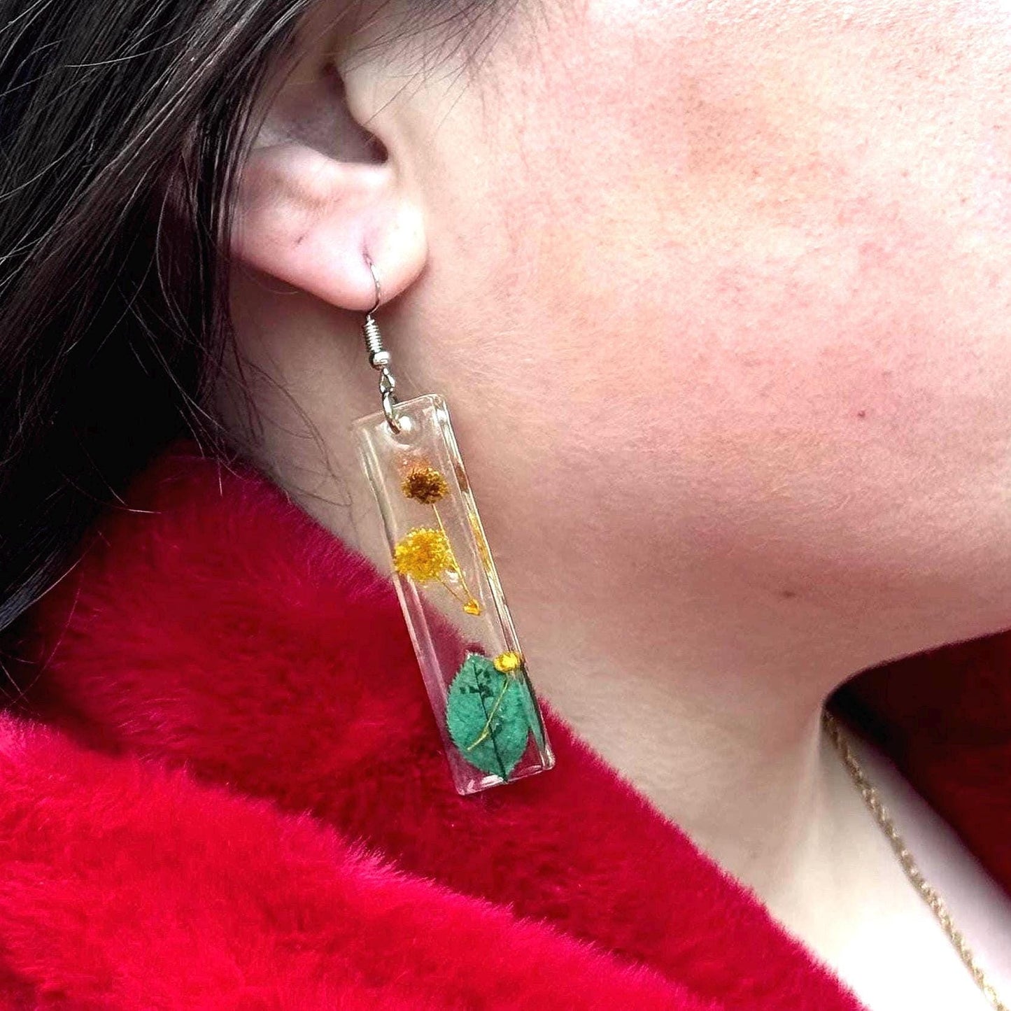 Floral Resin Dangle Earrings: Yellow Flowers & Leaves
