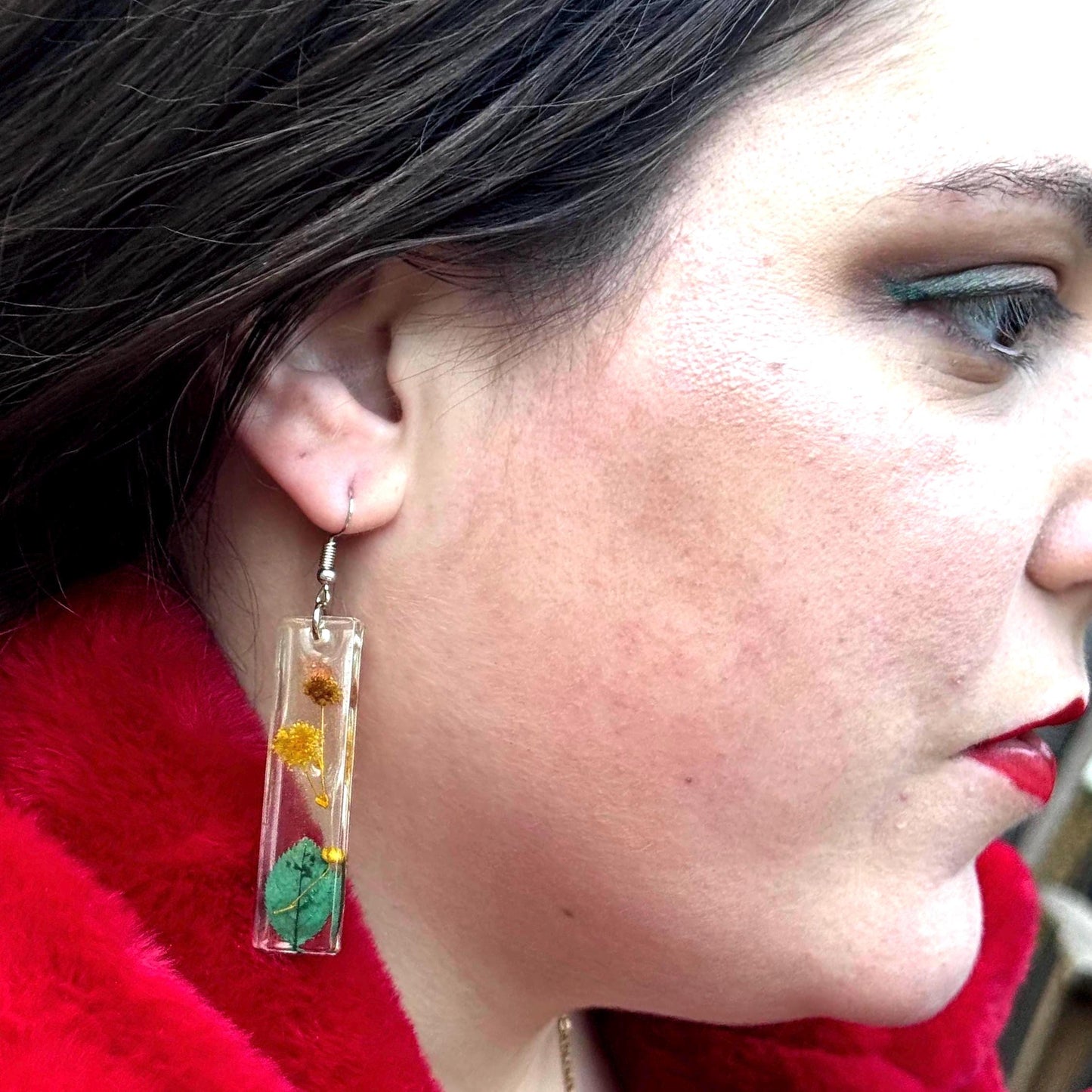 Floral Resin Dangle Earrings: Yellow Flowers & Leaves