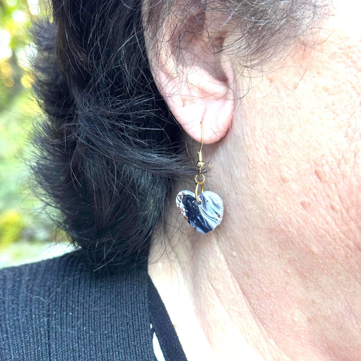 Black and White Striped Rose Gold Flakes Heart Shaped Marble Dangle Earrings