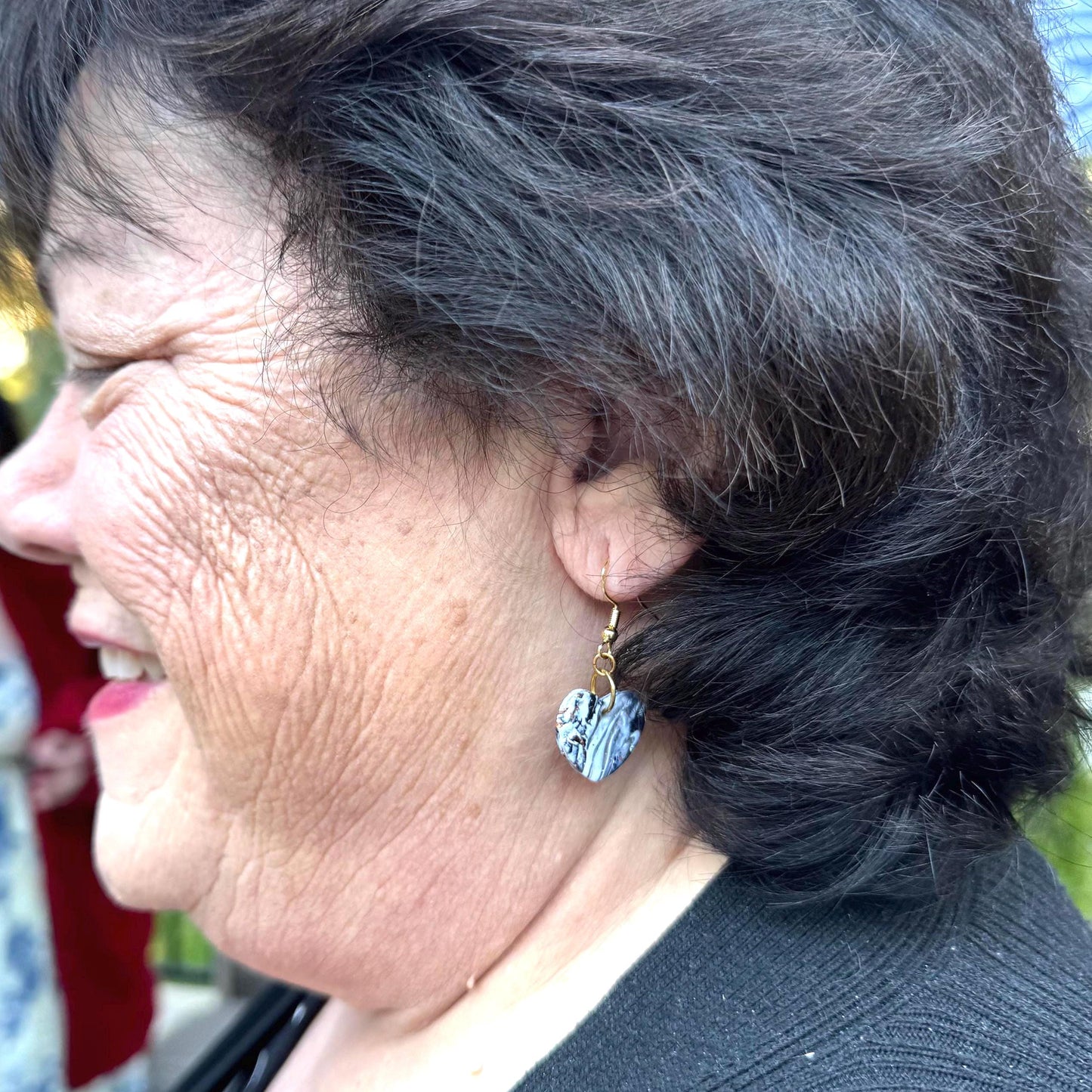 Black and White Striped Rose Gold Flakes Heart Shaped Marble Dangle Earrings