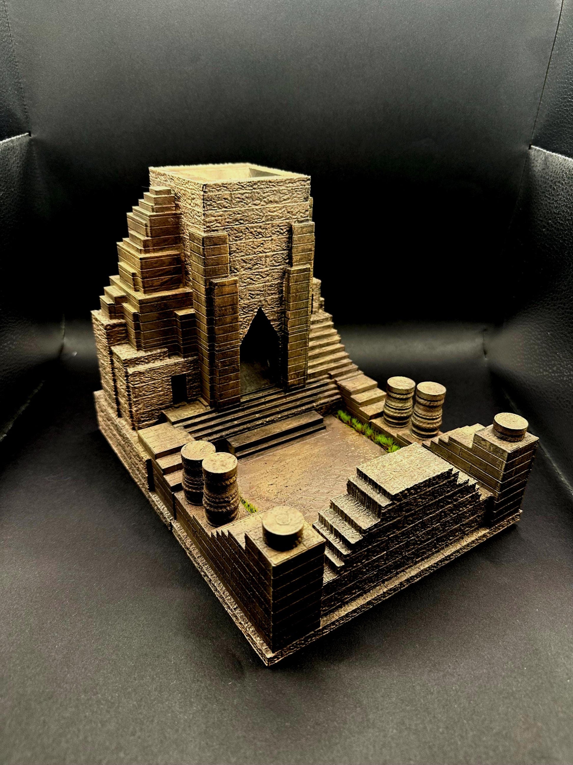 Handpainted dungeon-themed dice tower with stone details and included resin dice set, perfect for Dungeons and Dragons, tabletop RPGs, and fantasy gaming décor.