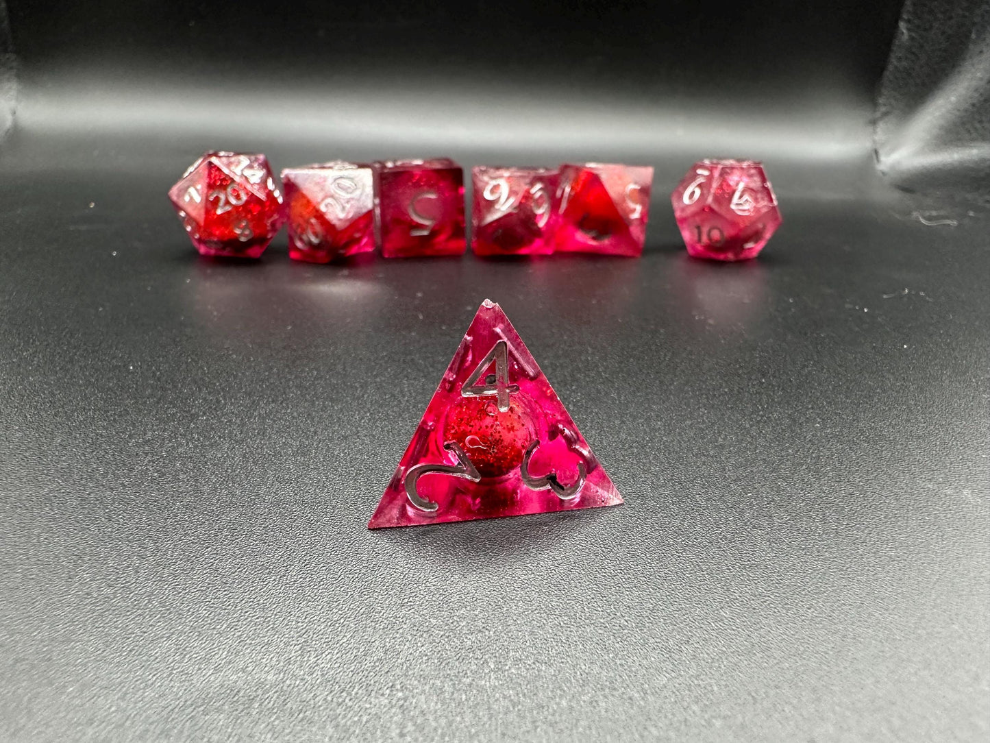 Red Glitter Liquid Core Dice Set: Sharp Edge Polyhedral DnD Dice