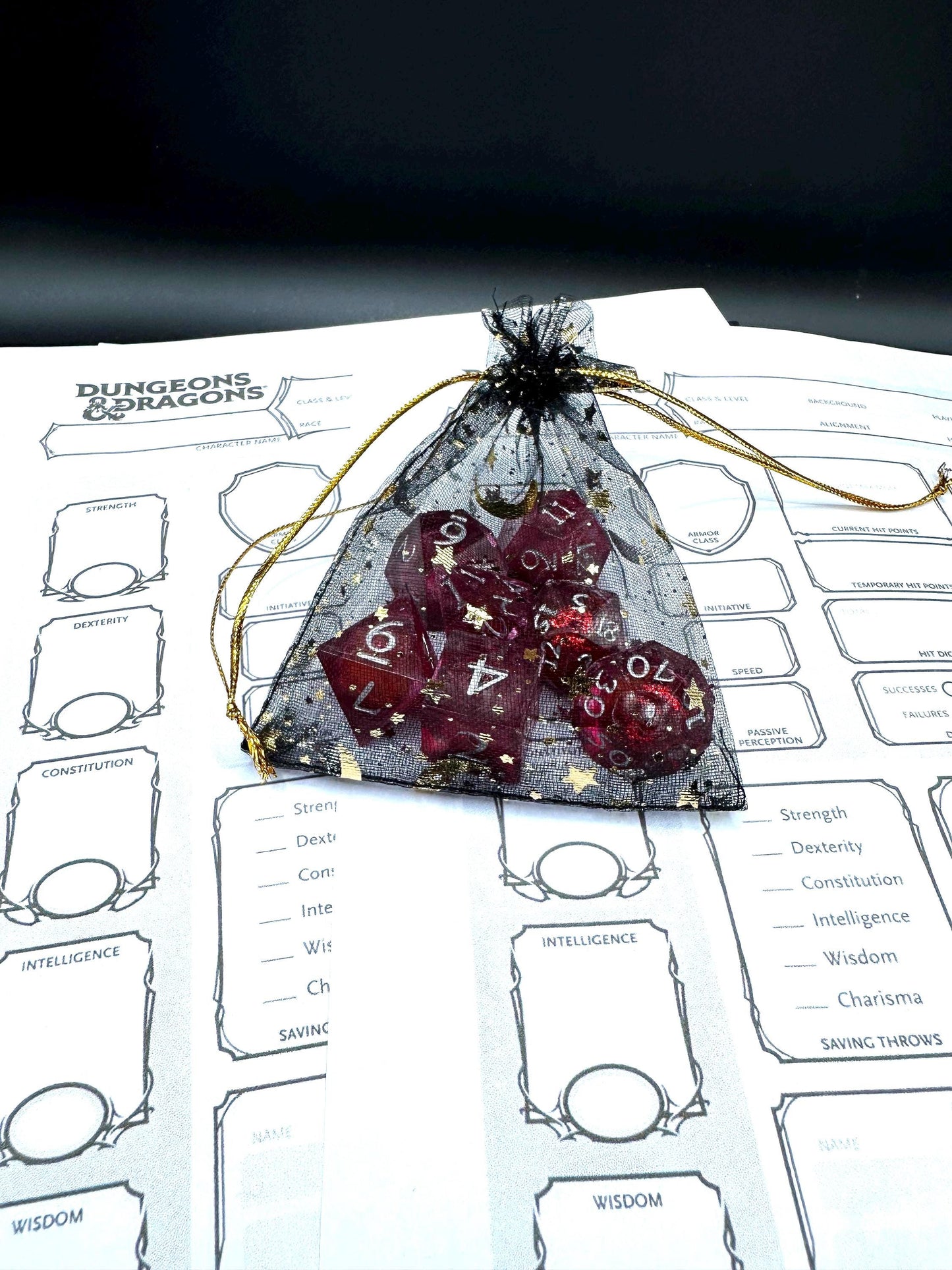 Red Glitter Liquid Core Dice Set: Sharp Edge Polyhedral DnD Dice