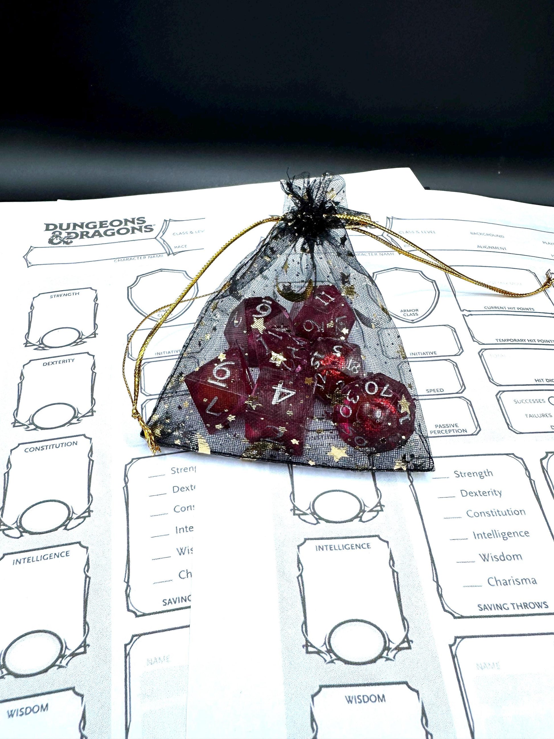 Red Glitter Liquid Core Dice Set: Sharp Edge Polyhedral DnD Dice