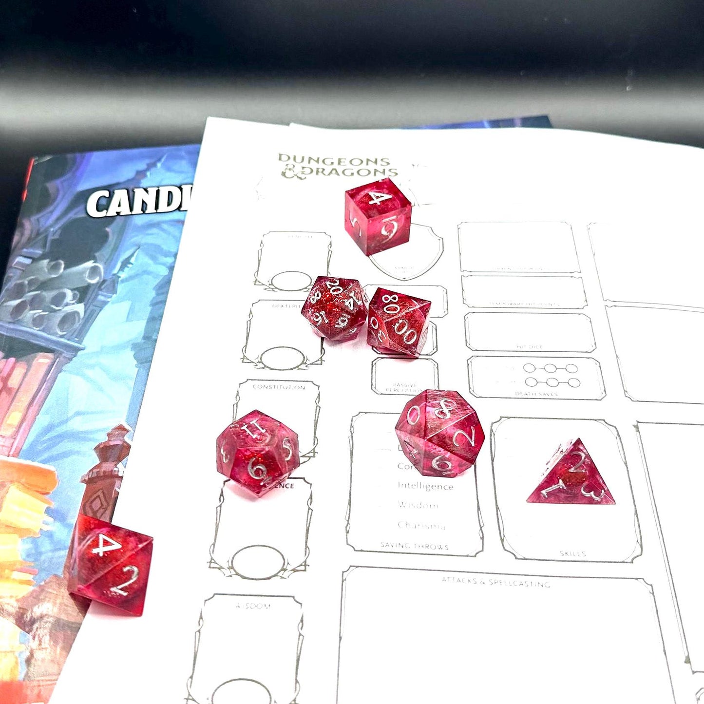 Red Glitter Liquid Core Dice Set: Sharp Edge Polyhedral DnD Dice