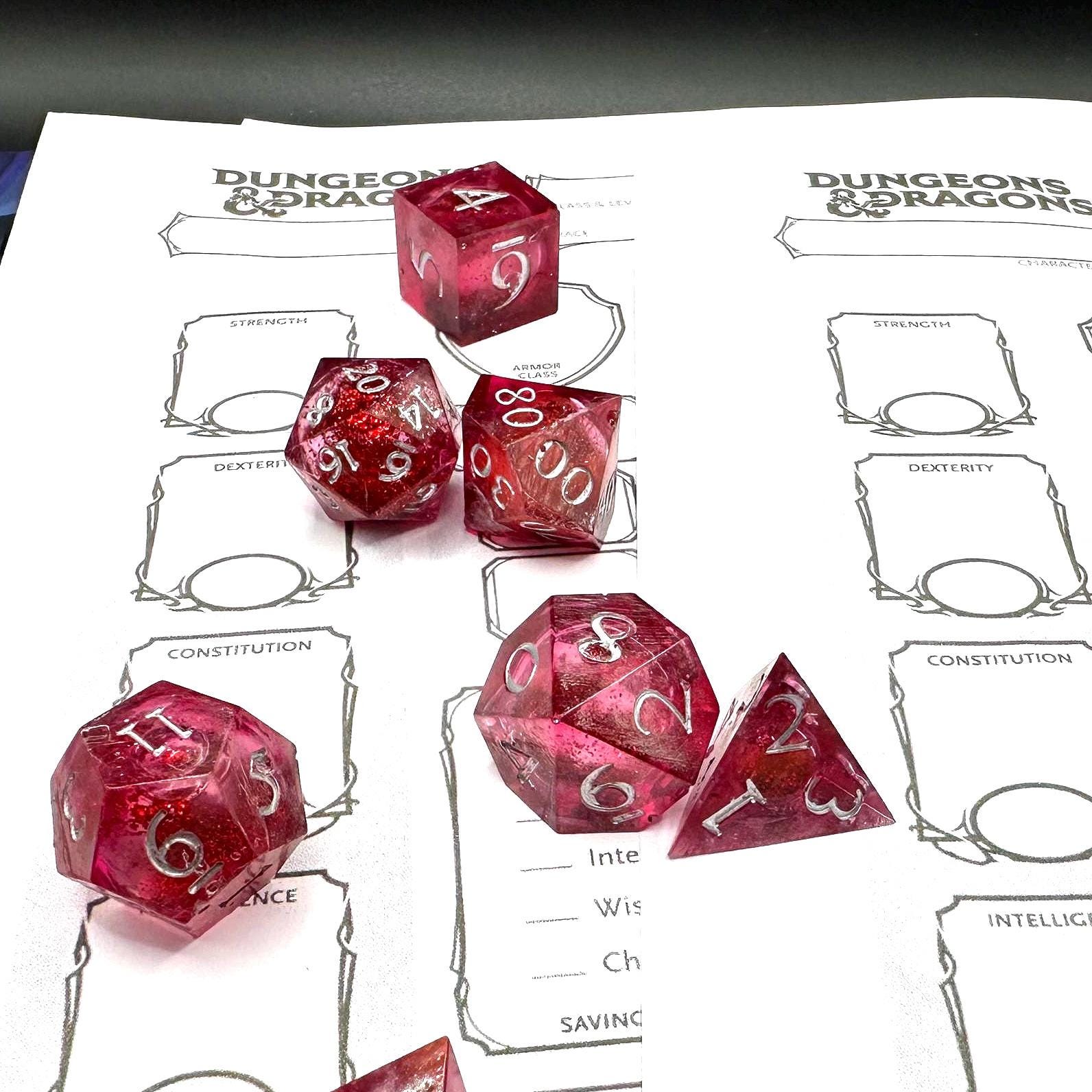 Red Glitter Liquid Core Dice Set: Sharp Edge Polyhedral DnD Dice