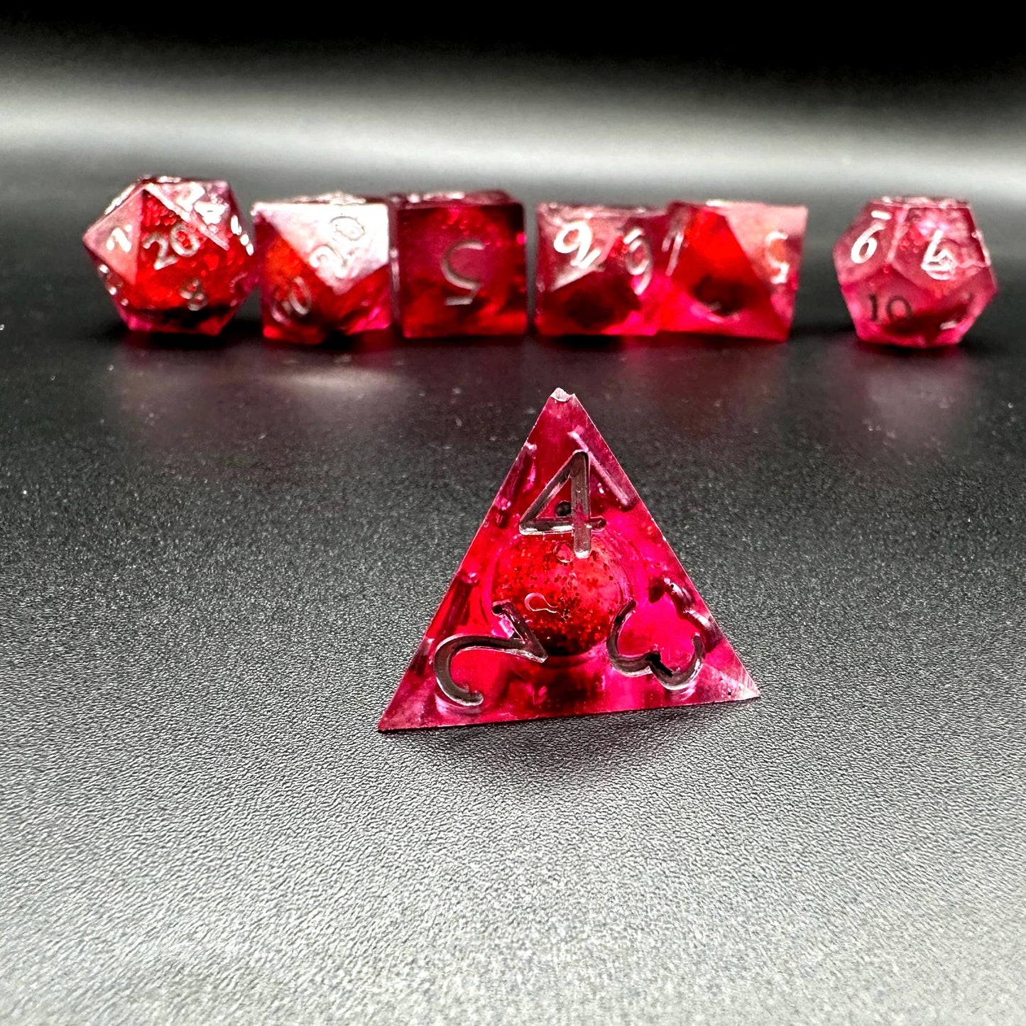 Red Glitter Liquid Core Dice Set: Sharp Edge Polyhedral DnD Dice