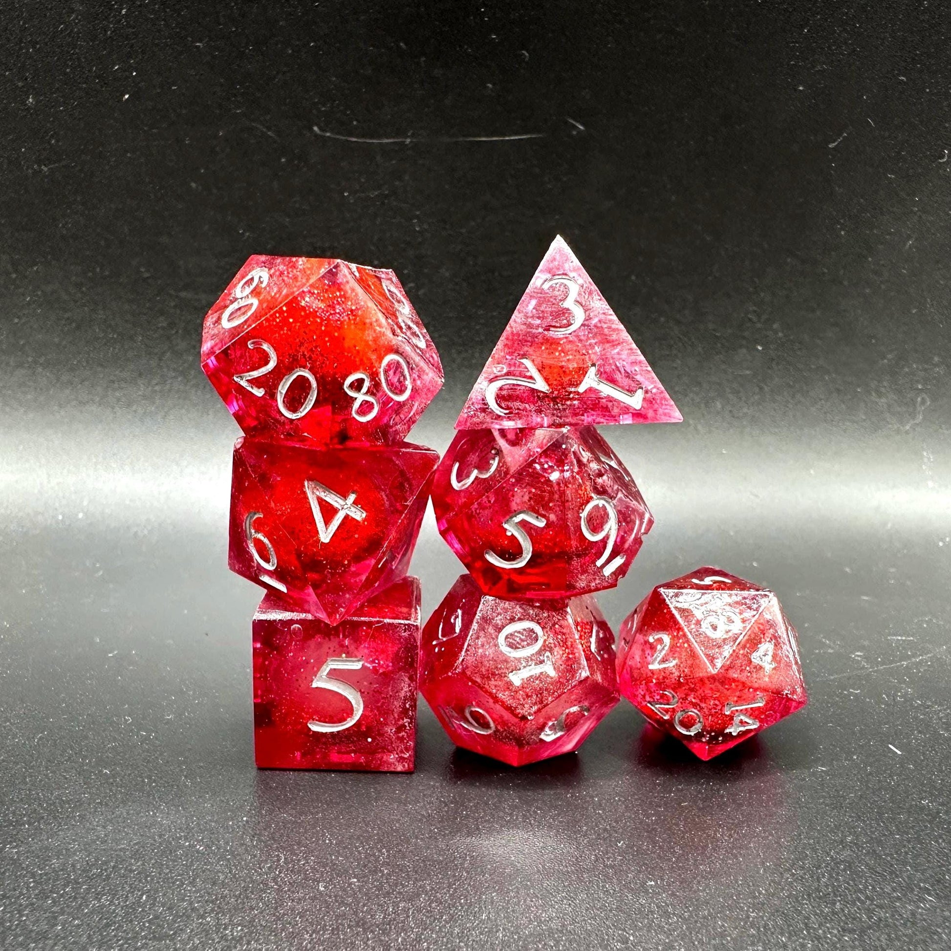 Red Glitter Liquid Core Dice Set: Sharp Edge Polyhedral DnD Dice