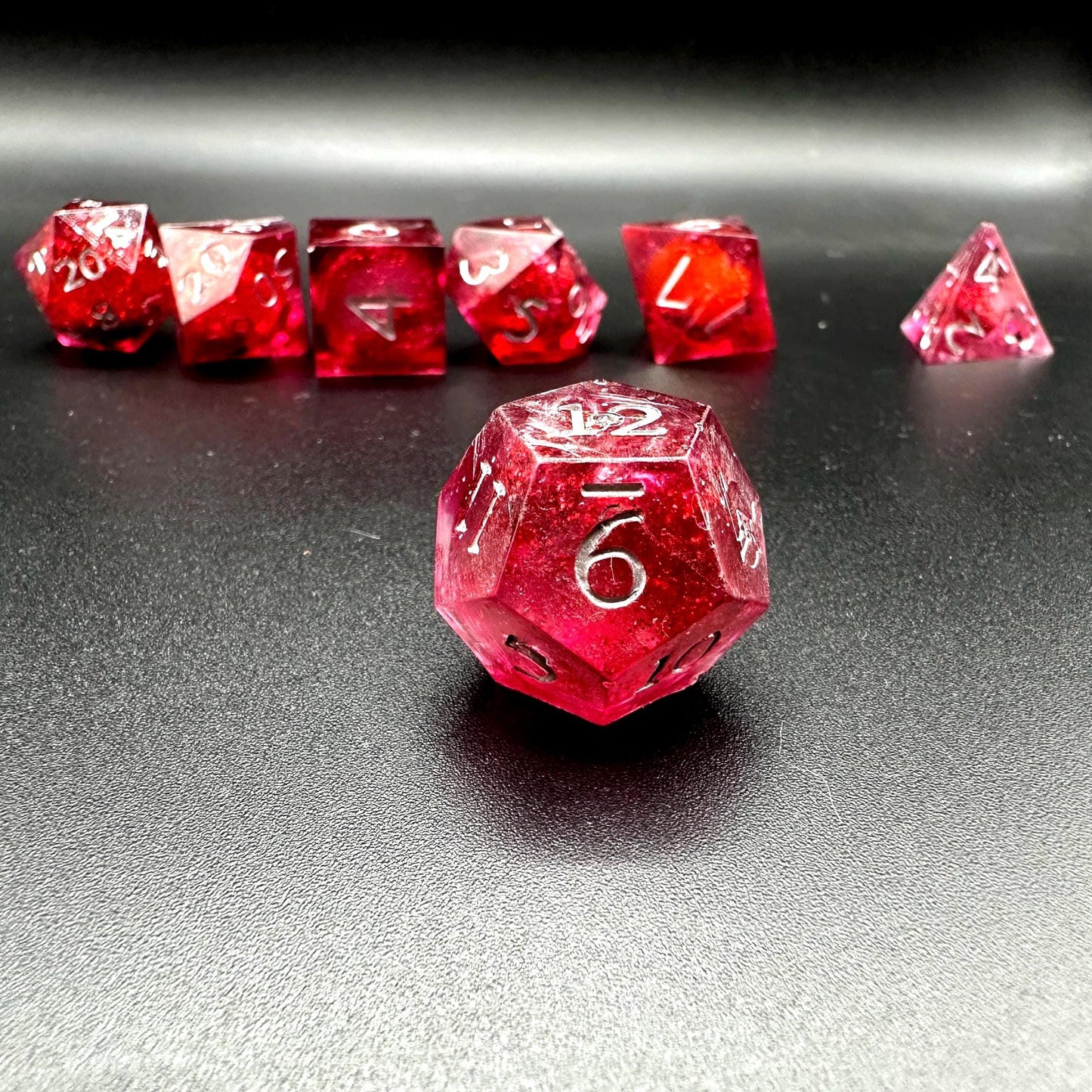 Red Glitter Liquid Core Dice Set: Sharp Edge Polyhedral DnD Dice