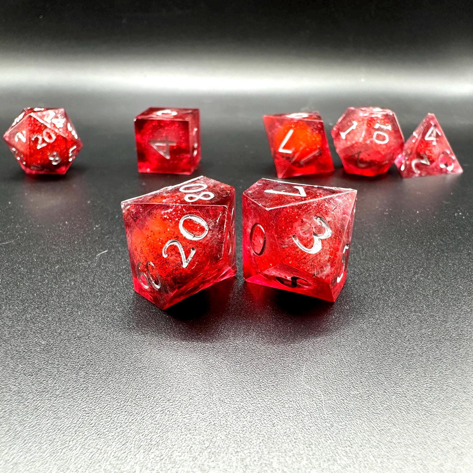 Red Glitter Liquid Core Dice Set: Sharp Edge Polyhedral DnD Dice