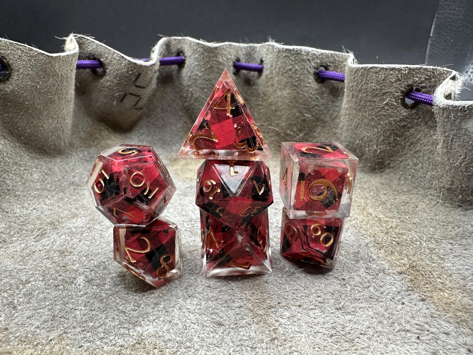 Handmade Plaid Red, Black, and Gold Dice Set – RPG DnD Dice