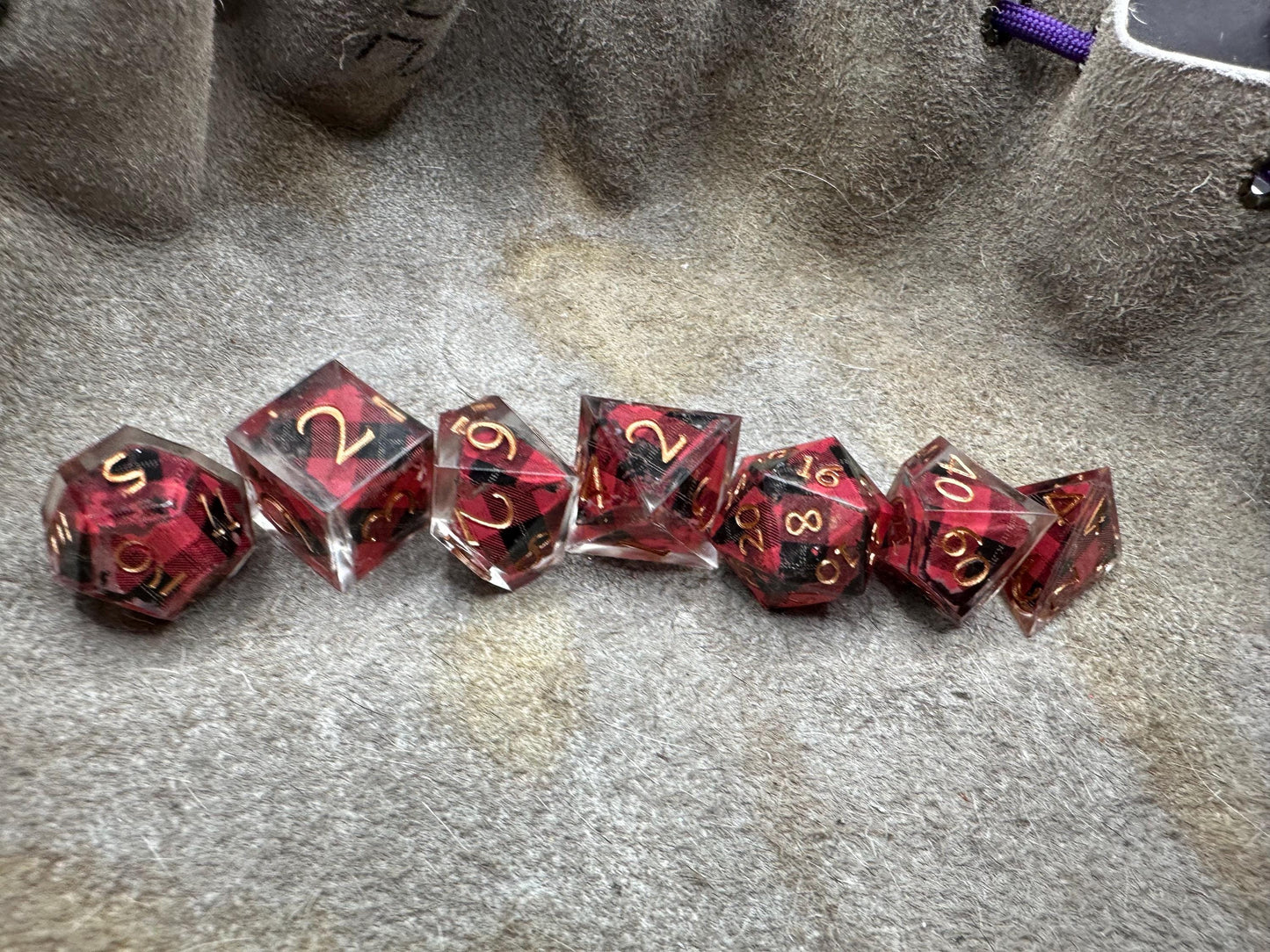 Handmade Plaid Red, Black, and Gold Dice Set – RPG DnD Dice