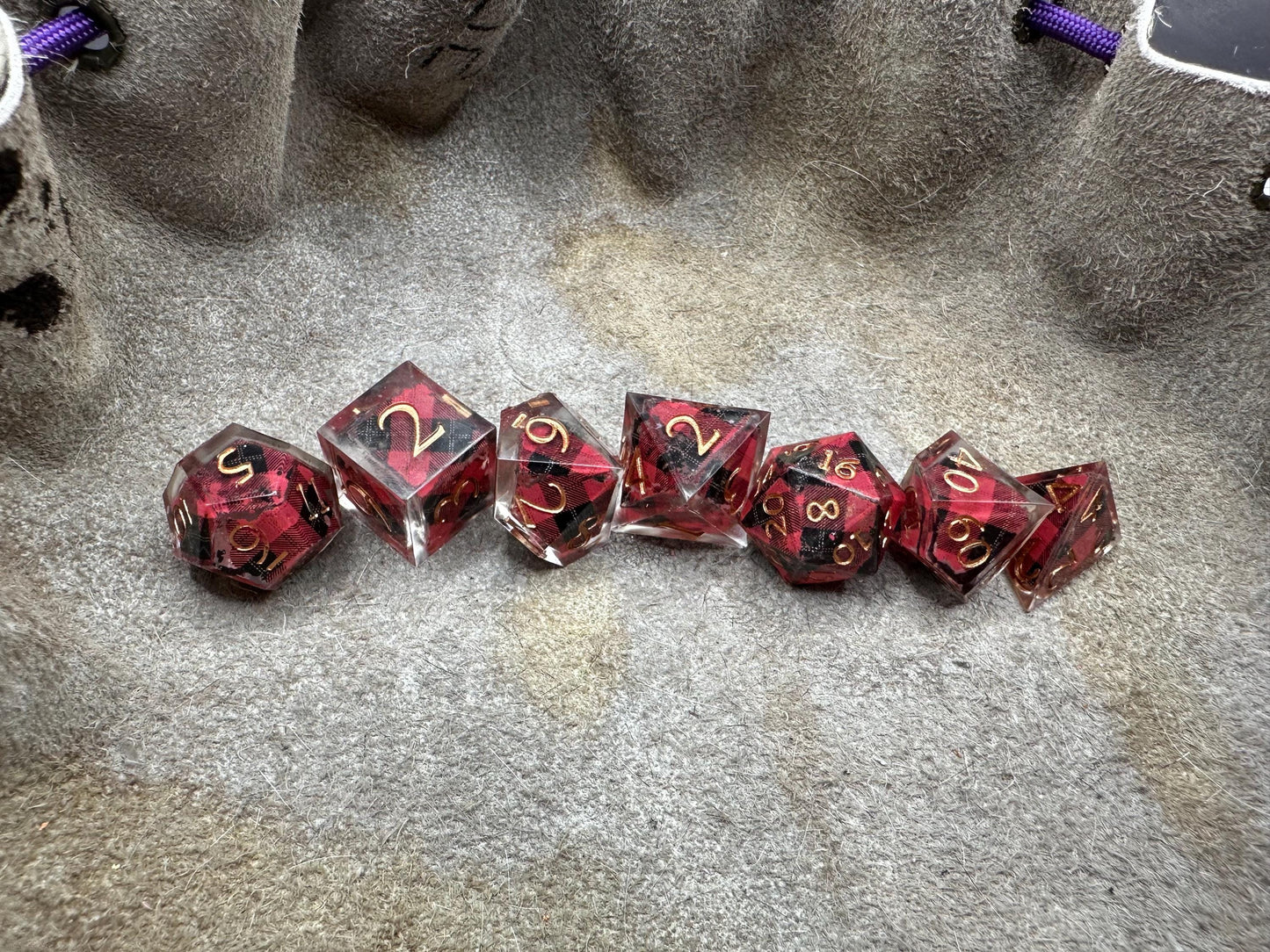 Handmade Plaid Red, Black, and Gold Dice Set – RPG DnD Dice