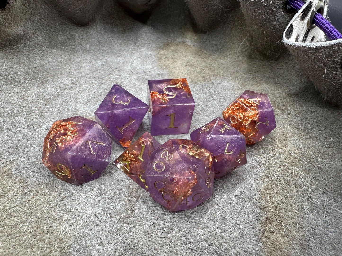 Handmade Purple and Rose Gold Dice Set – RPG DnD Dice