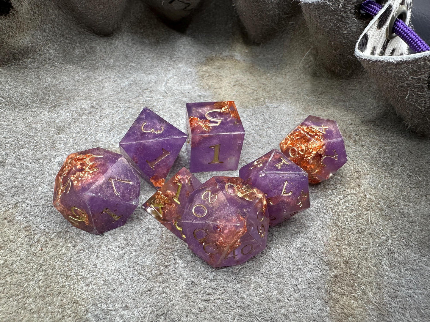 Handmade Purple and Rose Gold Dice Set – RPG DnD Dice