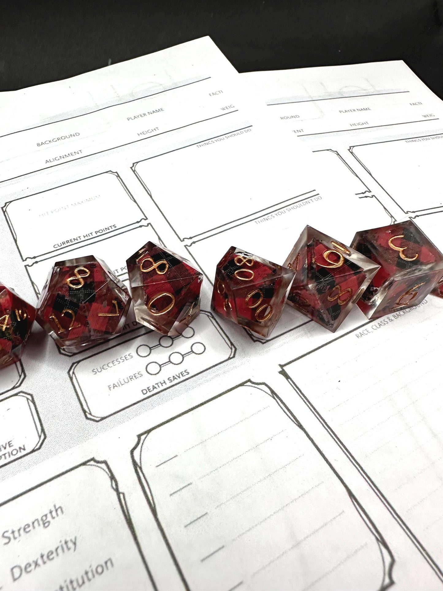 Handmade Plaid Red, Black, and Gold Dice Set – RPG DnD Dice