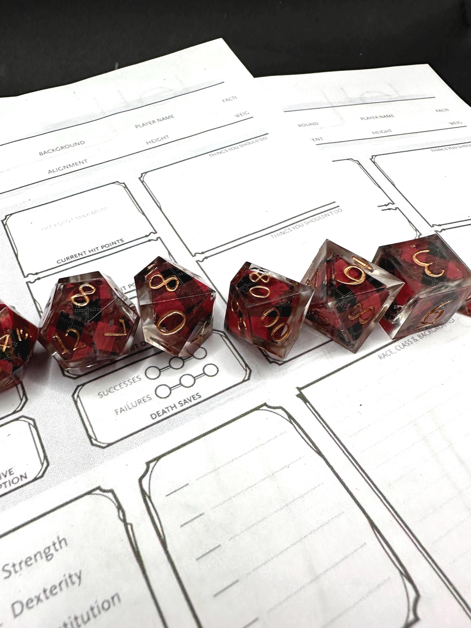 Handmade Plaid Red, Black, and Gold Dice Set – RPG DnD Dice