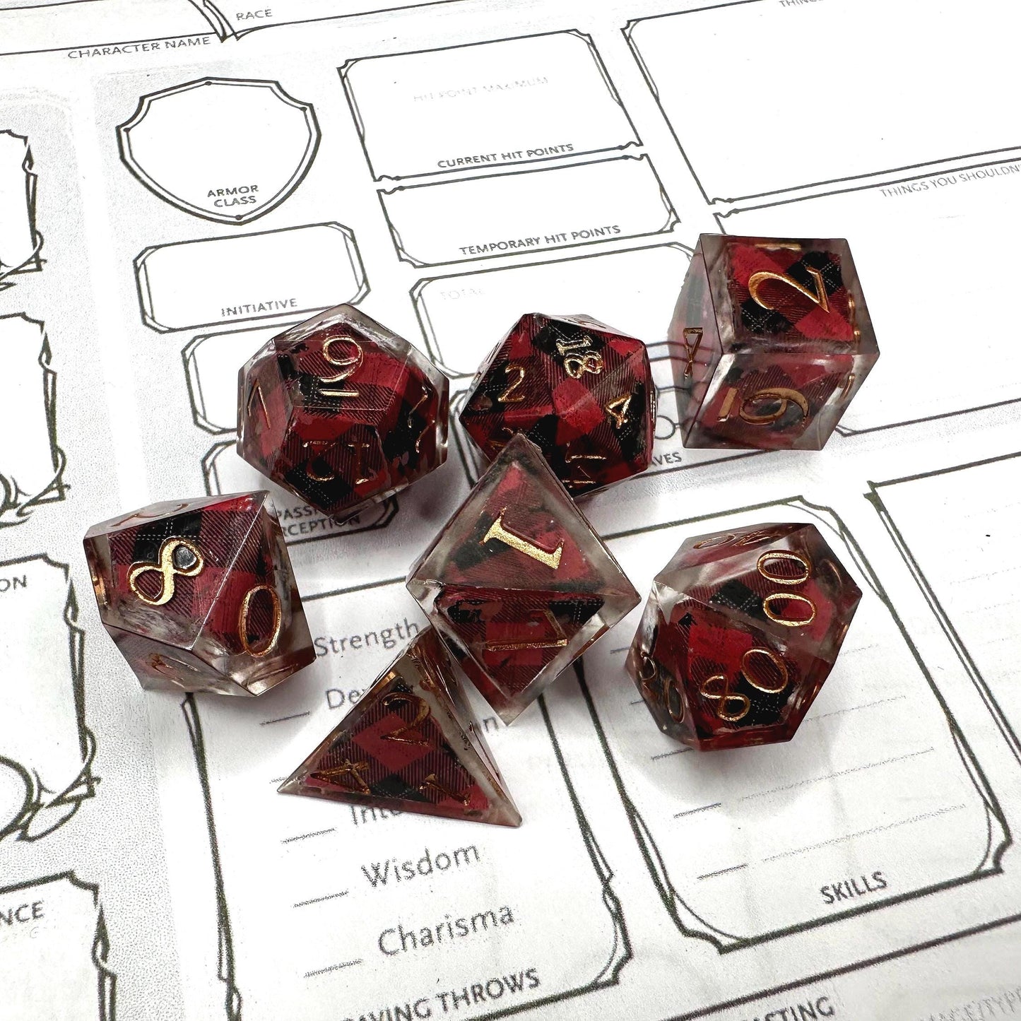 Handmade Plaid Red, Black, and Gold Dice Set – RPG DnD Dice