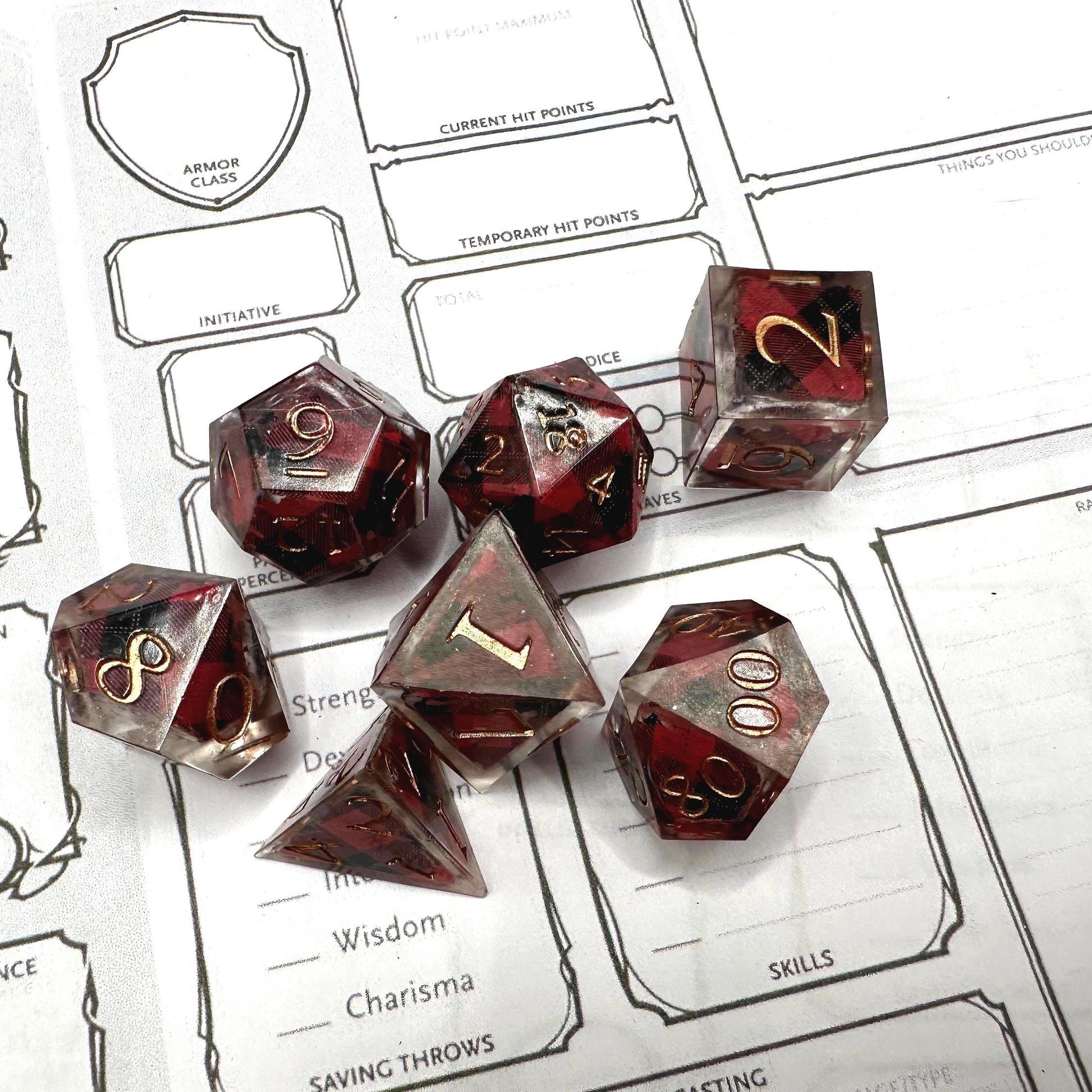 Handmade Plaid Red, Black, and Gold Dice Set – RPG DnD Dice