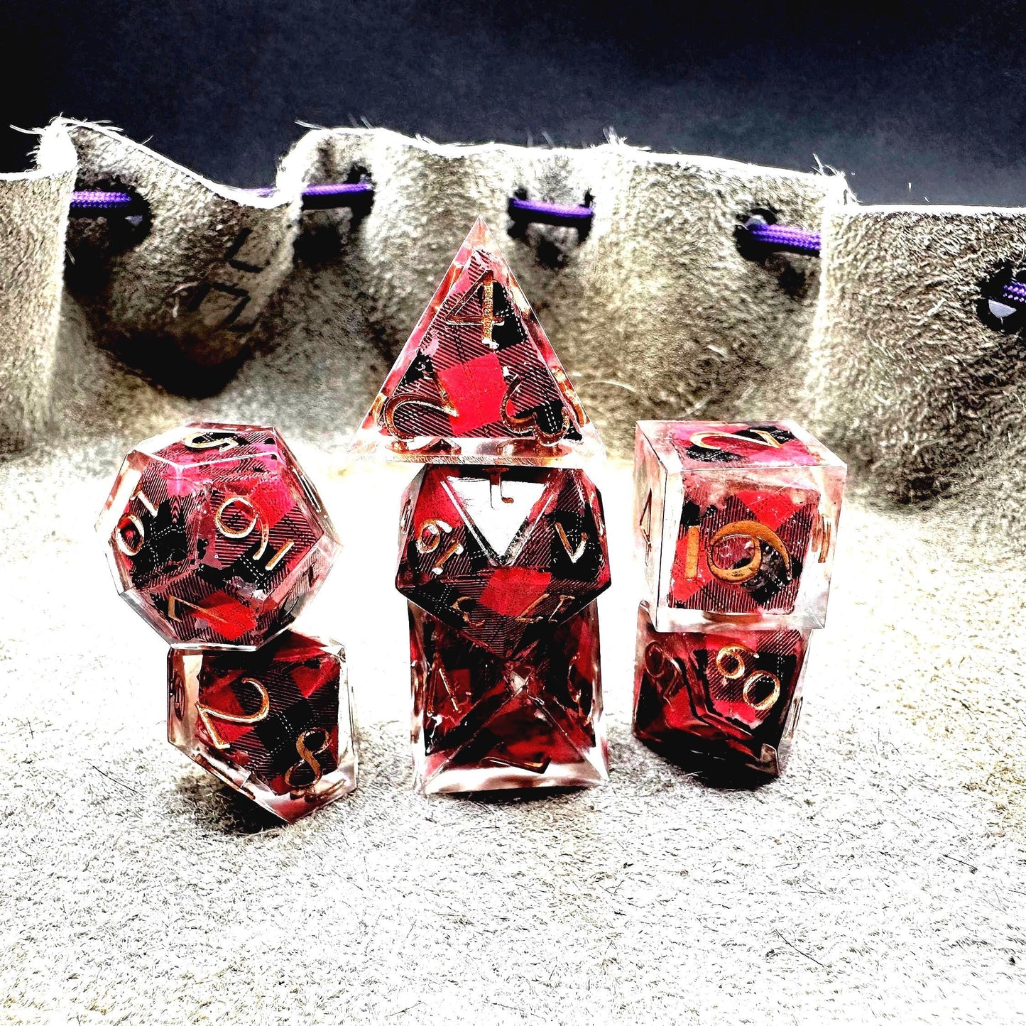 Handmade Plaid Red, Black, and Gold Dice Set – RPG DnD Dice
