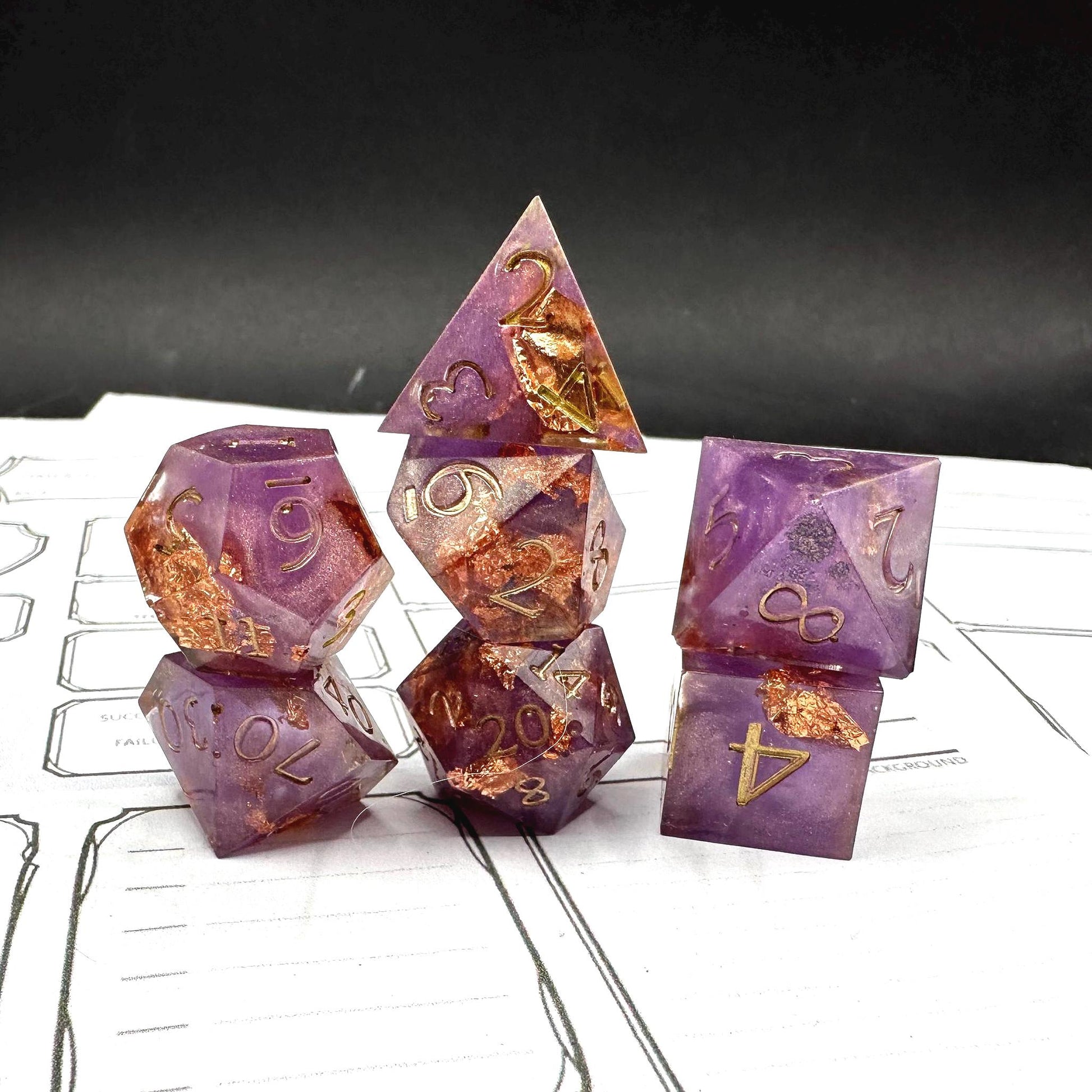 Handmade Purple and Rose Gold Dice Set – RPG DnD Dice