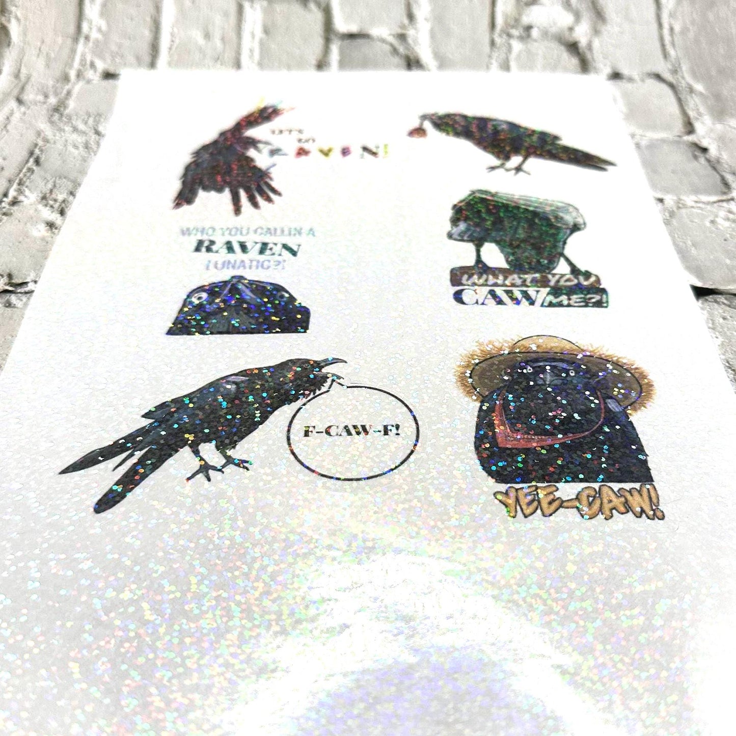 Raven crow pun sticker sheet with funny bird wordplay. Gothic humor vinyl stickers featuring ravens and crows, perfect for laptops, journals, water bottles, and gifts.