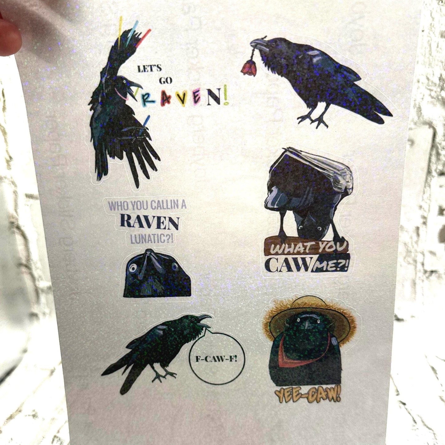 Raven crow pun sticker sheet with funny bird wordplay. Gothic humor vinyl stickers featuring ravens and crows, perfect for laptops, journals, water bottles, and gifts.