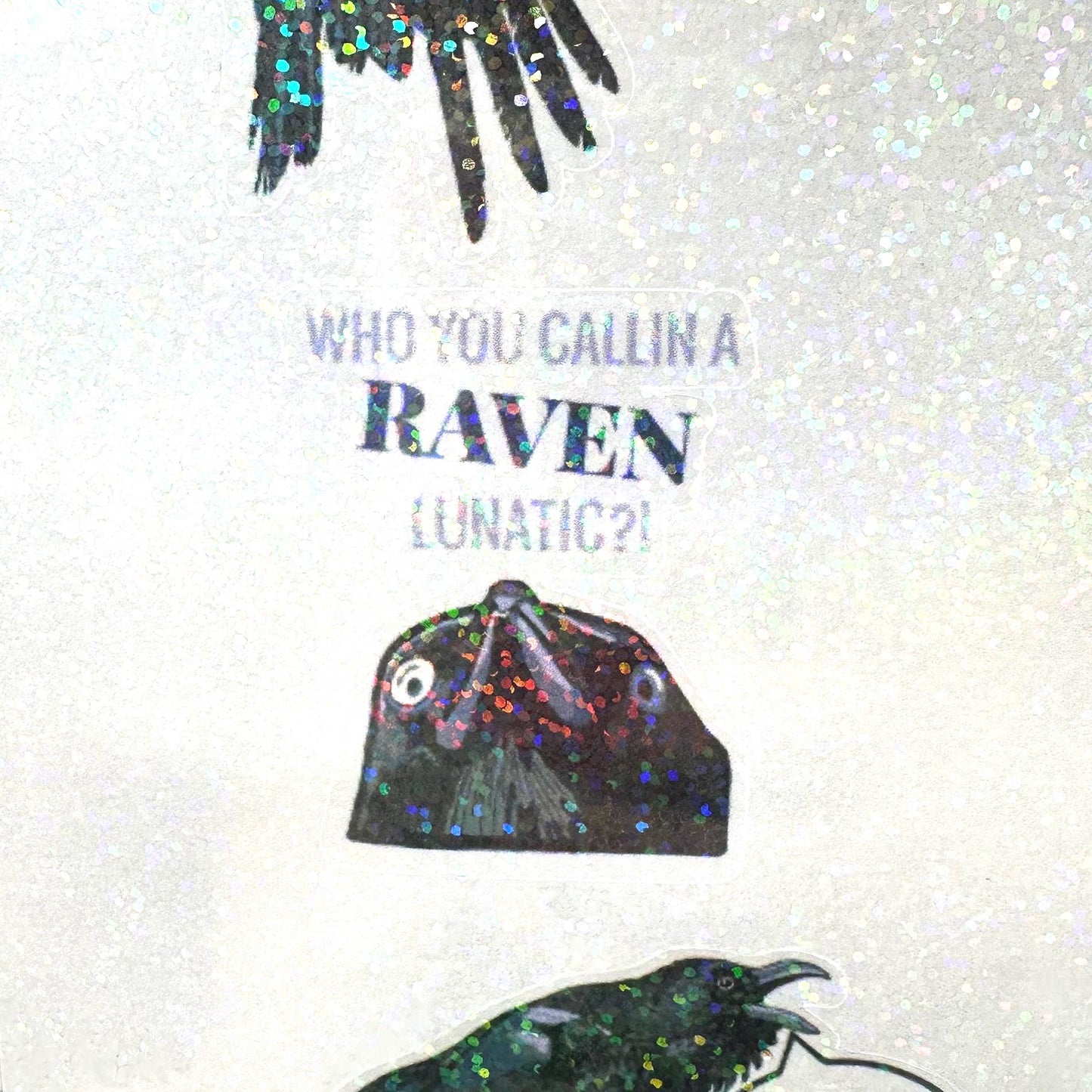 Raven crow pun sticker sheet with funny bird wordplay. Gothic humor vinyl stickers featuring ravens and crows, perfect for laptops, journals, water bottles, and gifts.