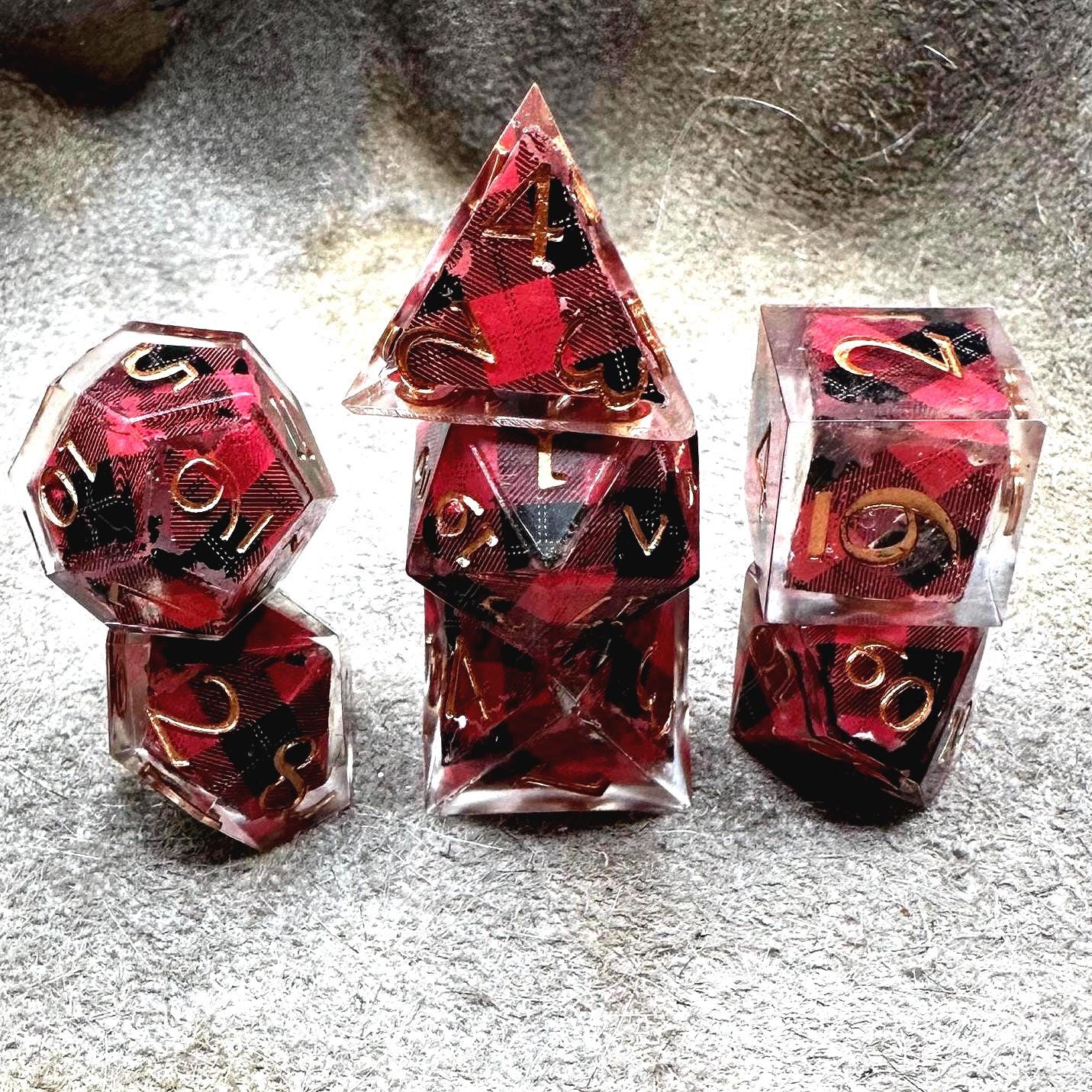 Handmade Plaid Red, Black, and Gold Dice Set – RPG DnD Dice