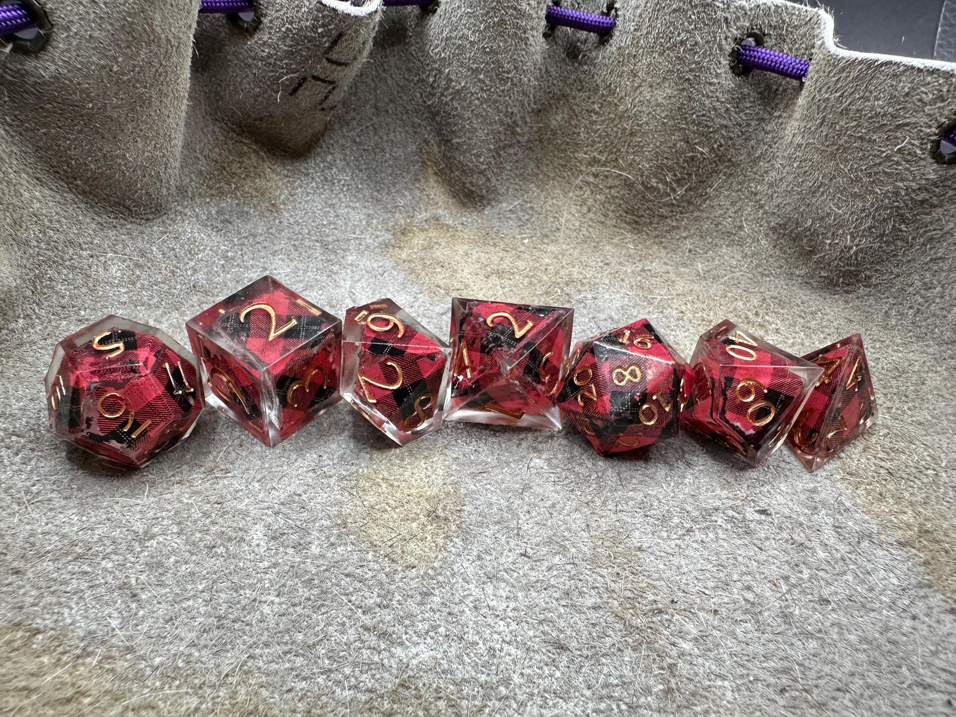 Handmade Plaid Red, Black, and Gold Dice Set – RPG DnD Dice