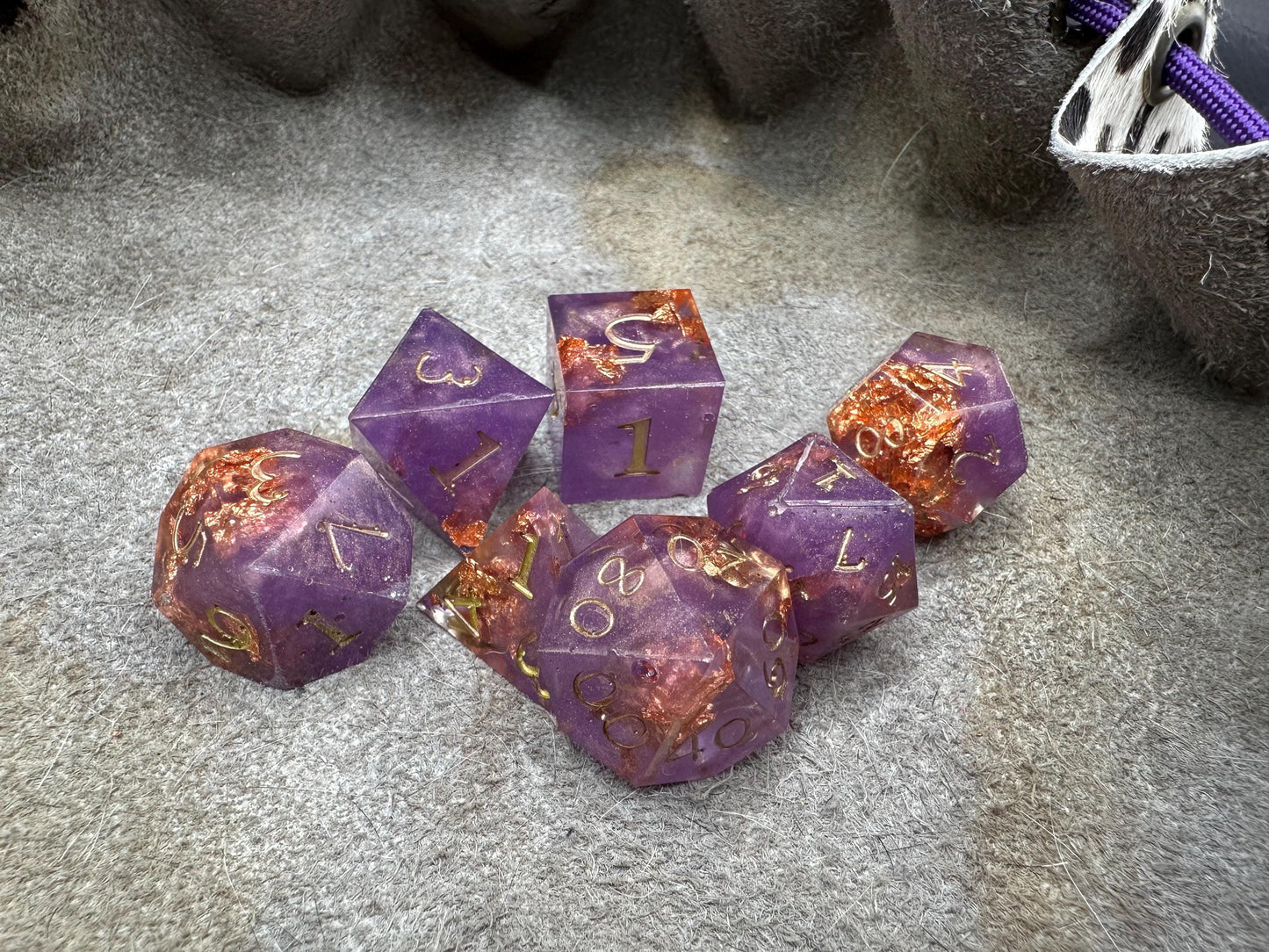 Handmade Purple and Rose Gold Dice Set – RPG DnD Dice