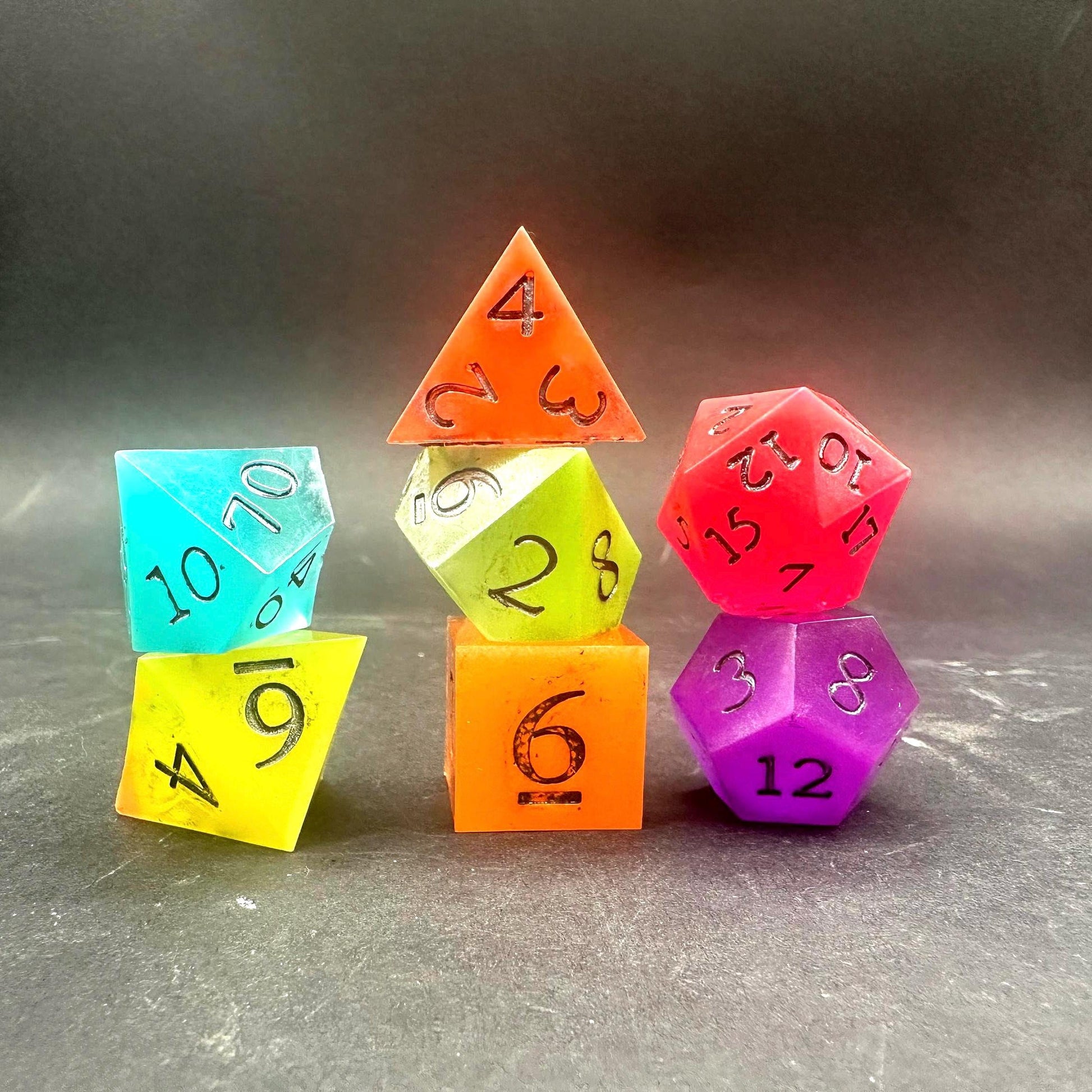 Handmade Rainbow Glow in the Dark Dice Set – RPG DnD Dice