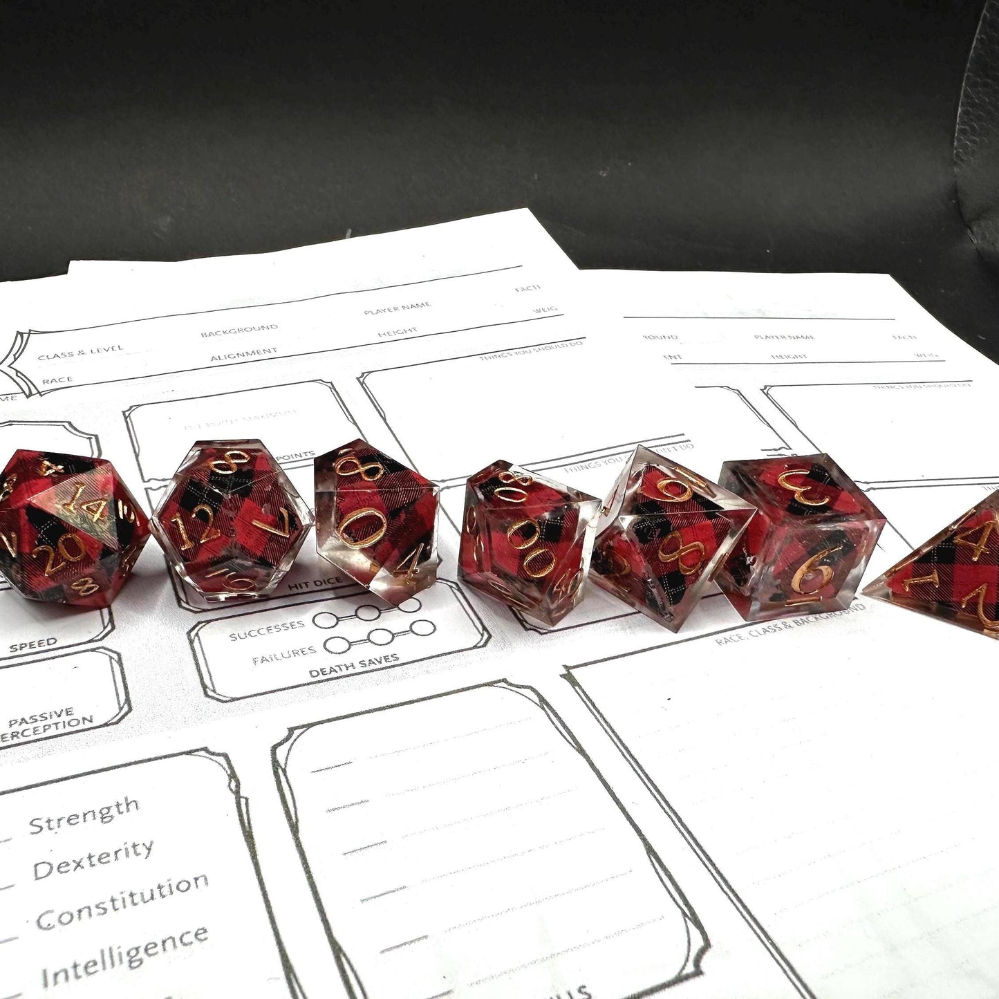 Handmade Plaid Red, Black, and Gold Dice Set – RPG DnD Dice